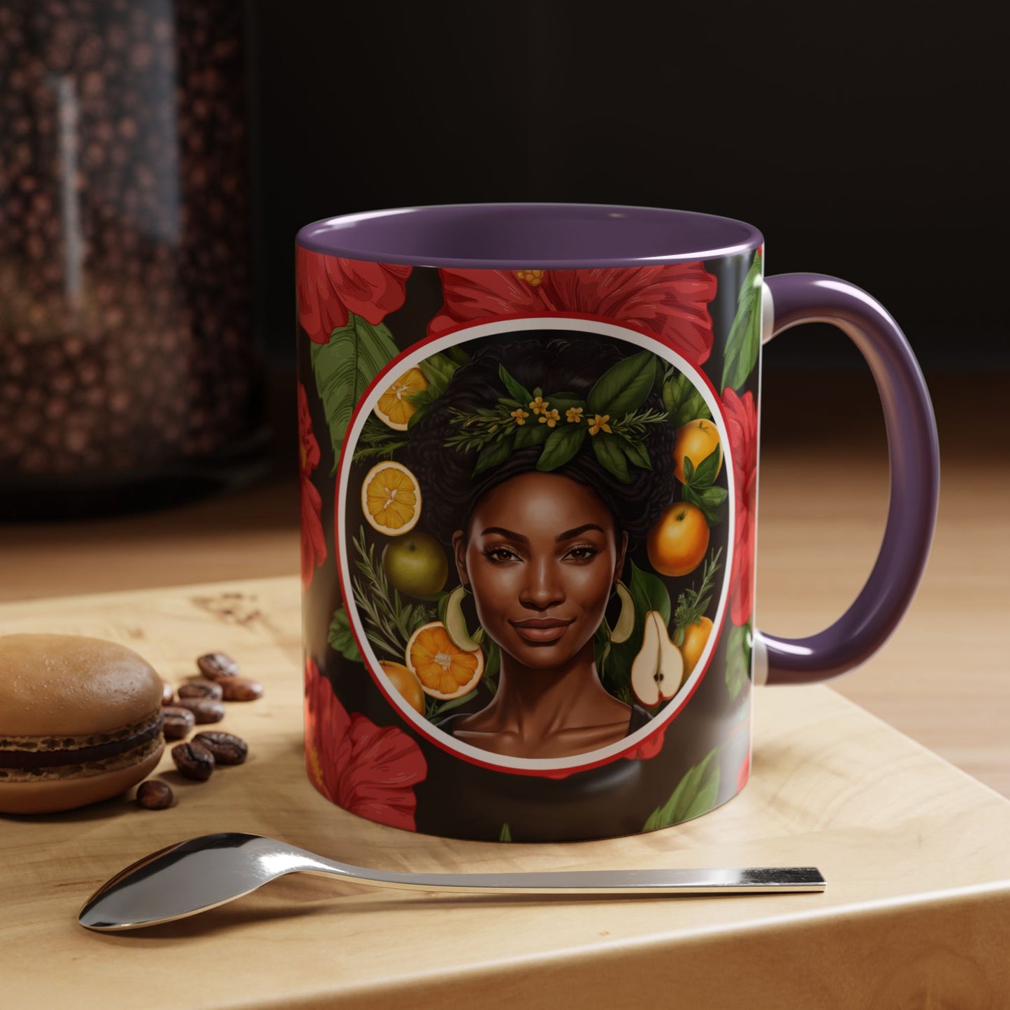 Organically Me Red and White Hibiscus Plant Garden Vegan Ceramic Plant Mug with Black woman (11oz) 8 Color Combos