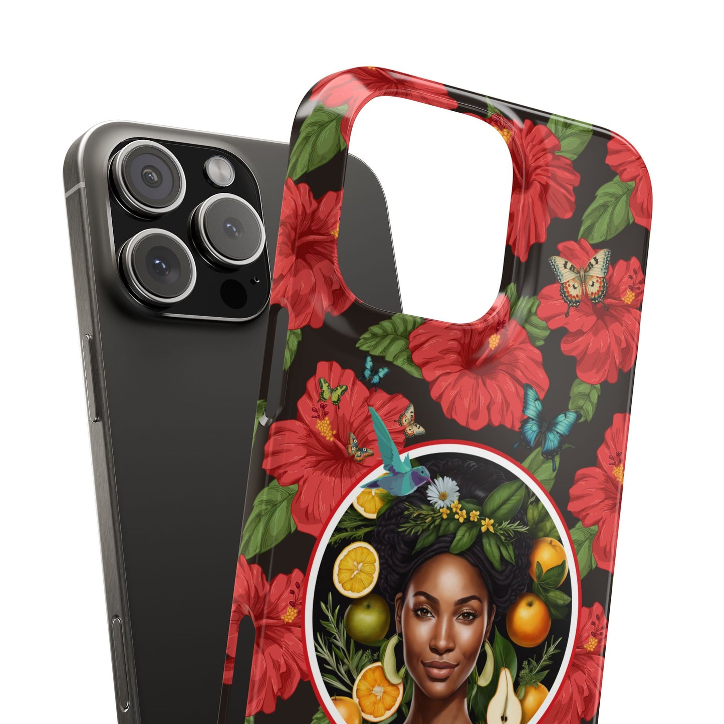 Organically Me Red and White Hibiscus Plant Garden Snap Phone Case with Black Woman, for iPhone and Android