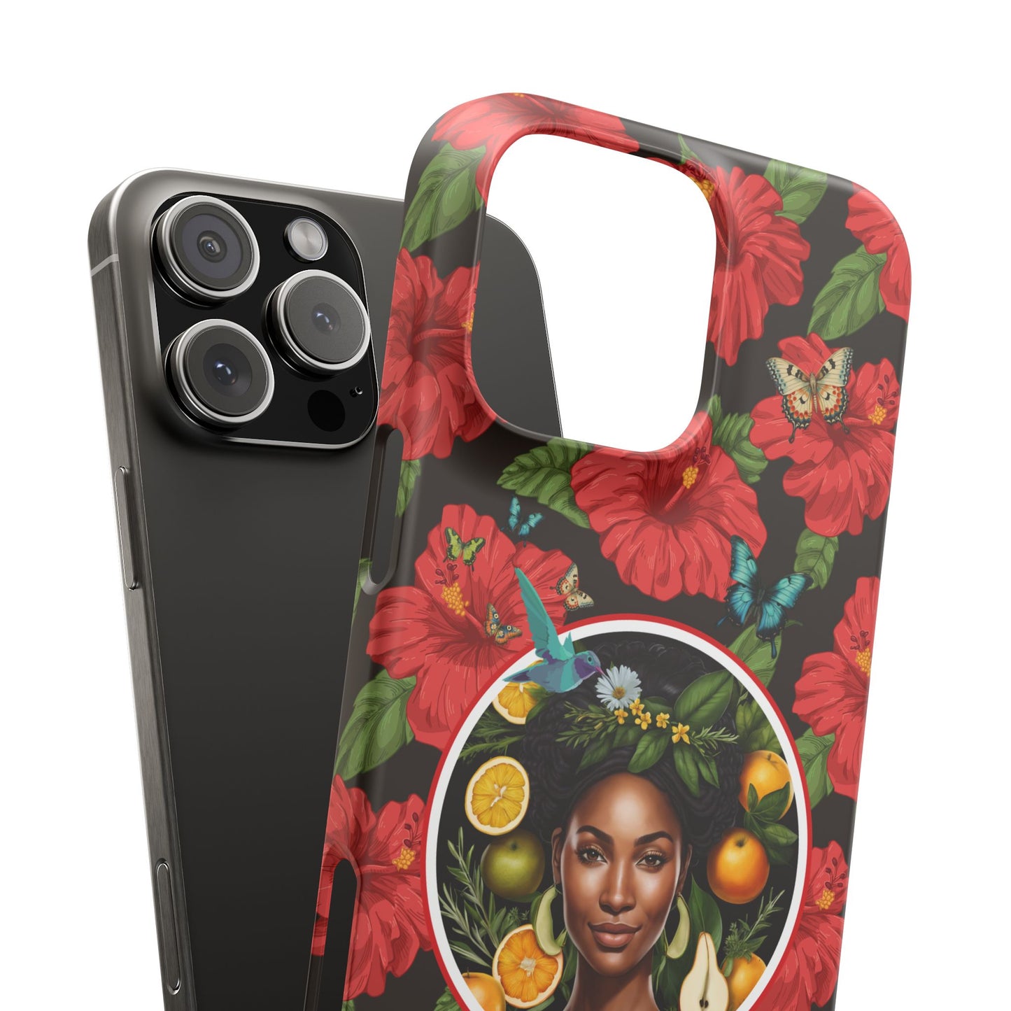 Organically Me Red and White Hibiscus Plant Garden Snap Phone Case with Black Woman, for iPhone and Android