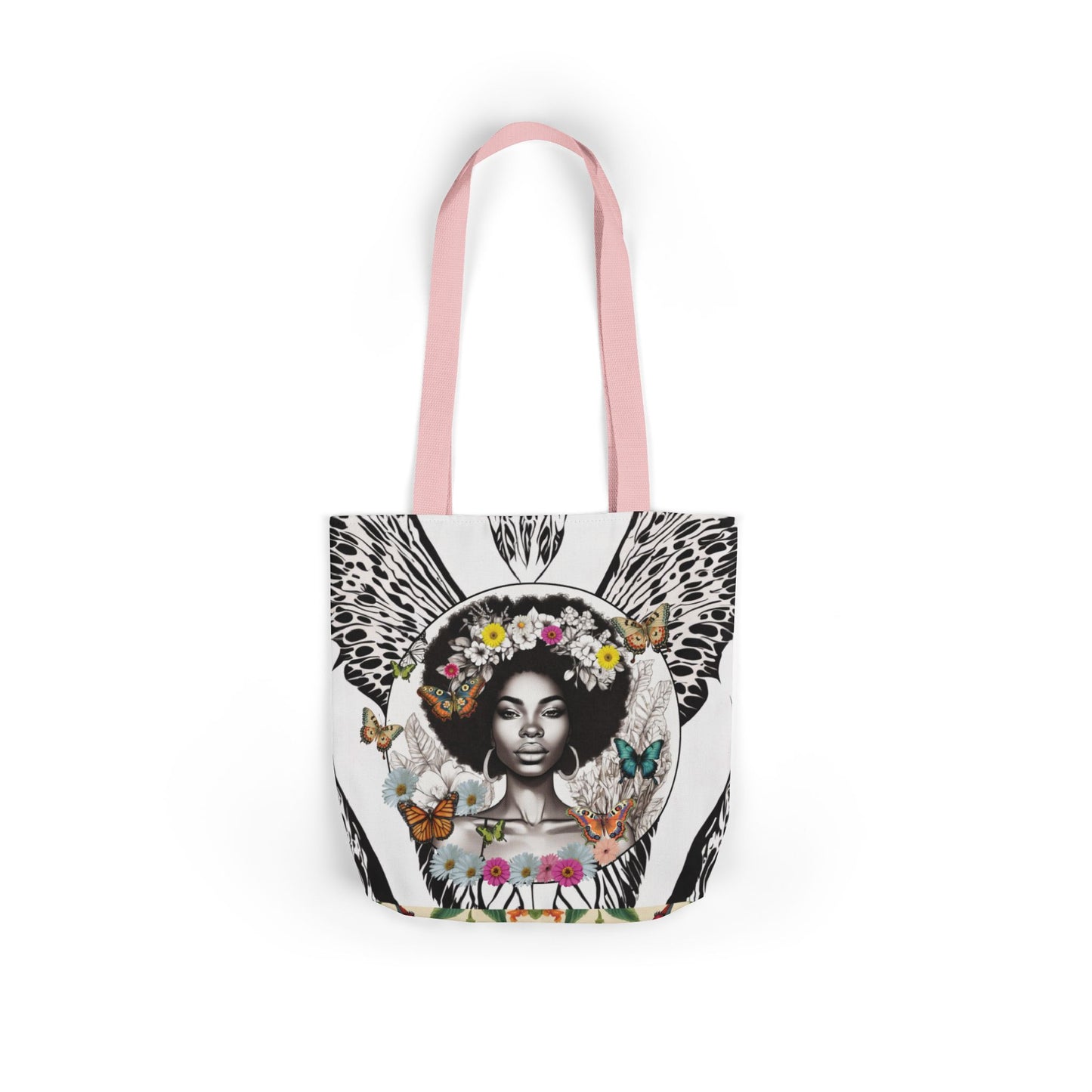 Afro Butterfly Queen In Black & White Garden-themed 13" tote bag, purse, workout bag, yoga bag, personal item with Black Women