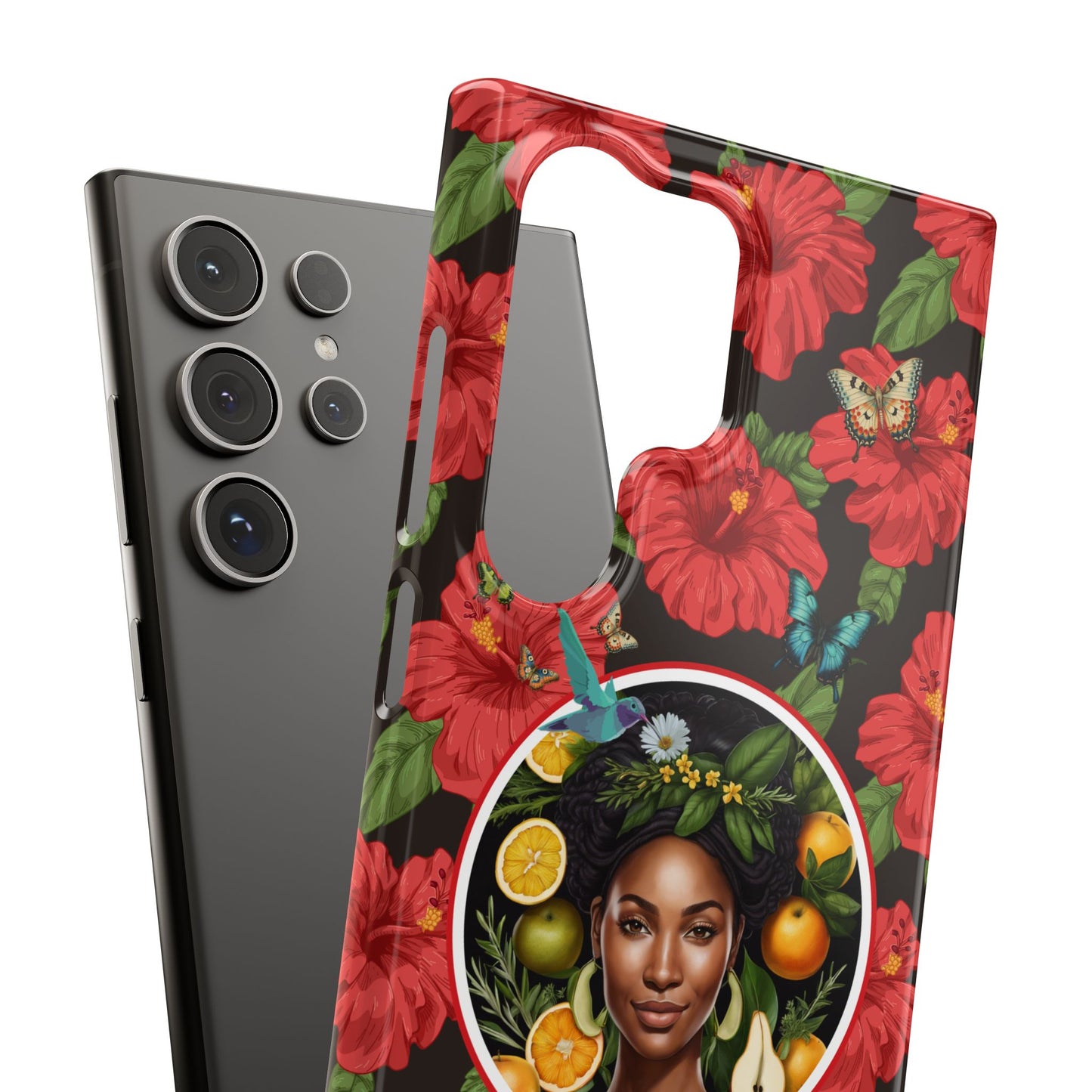 Organically Me Red and White Hibiscus Plant Garden Snap Phone Case with Black Woman, for iPhone and Android