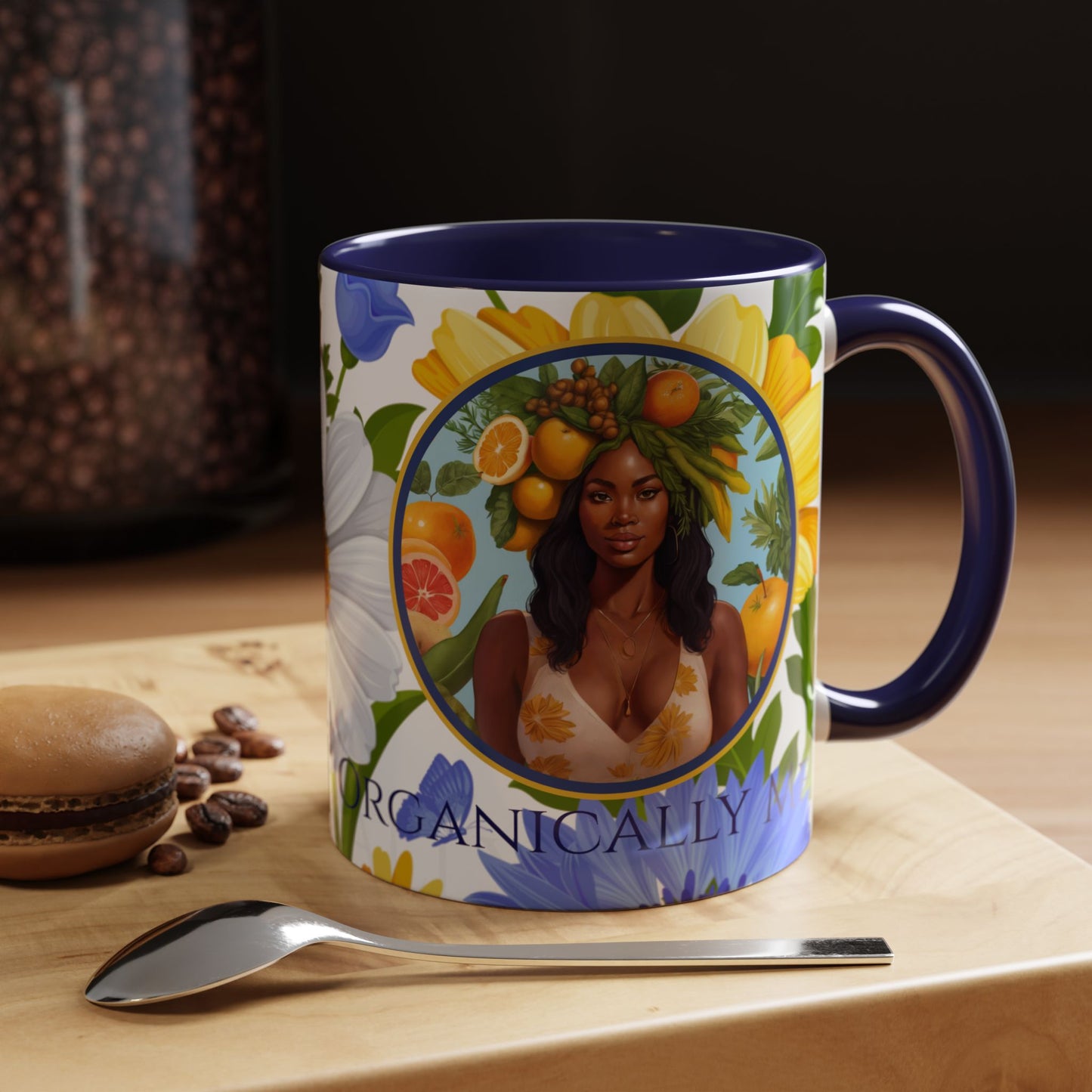 Organically Me Blue & Yellow Daisy Joyce Plant Garden Vegan Ceramic Plant Mug with Black woman (11oz) 8 Color Combos