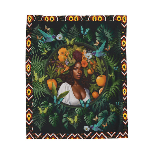 100% Organic A Fern Monstera Plant & Garden-themed Blanket, tablecloth, Wrap and Wall Hanging (Velveteen) with Black Woman