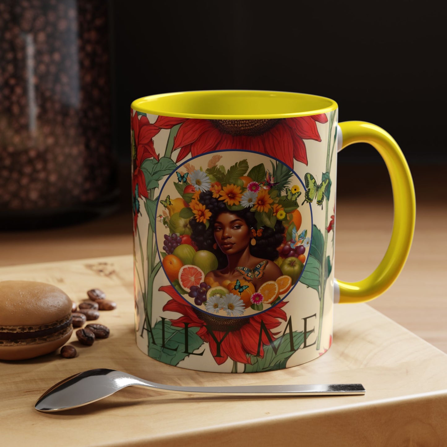 Organically Me Sunflower Red Plant Garden Vegan Ceramic Plant Mug with Black woman (11oz) 8 Color Combos