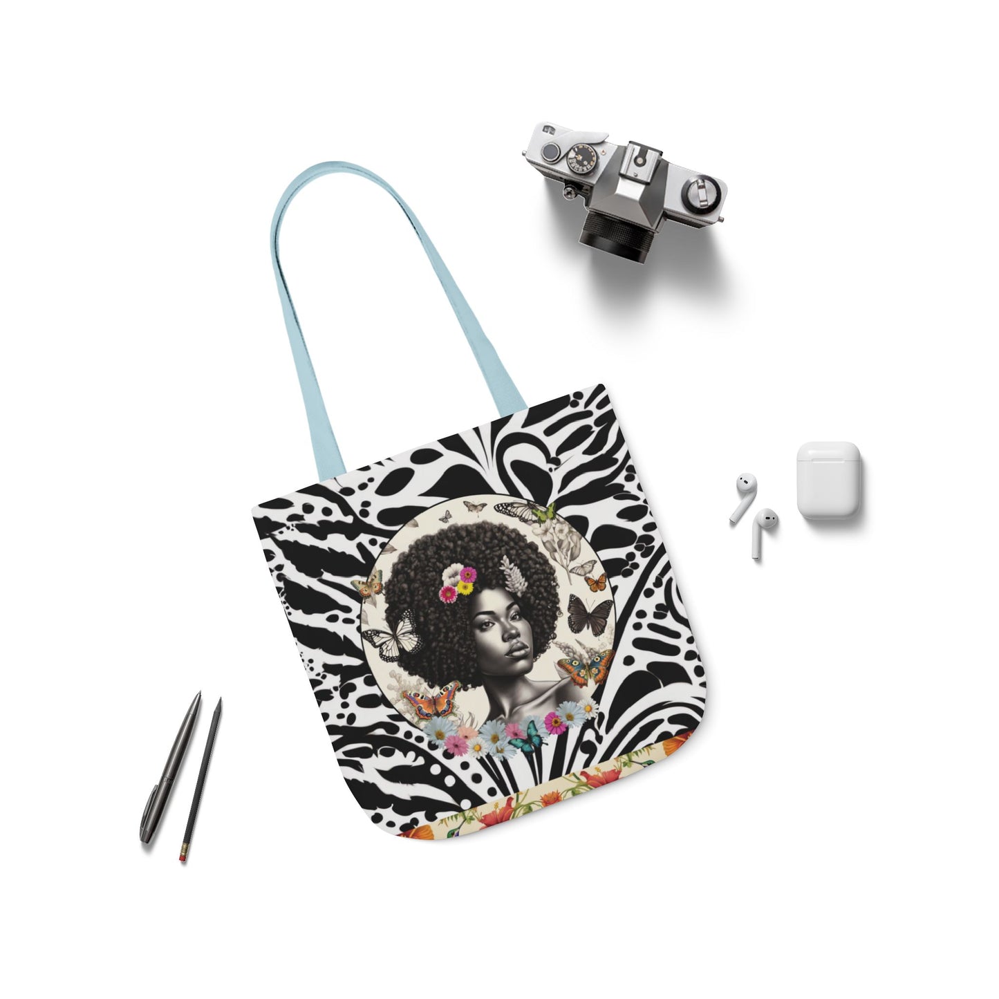 Afro Butterfly Queen In Black & White Garden-themed 13" tote bag, purse, workout bag, yoga bag, personal item with Black Women