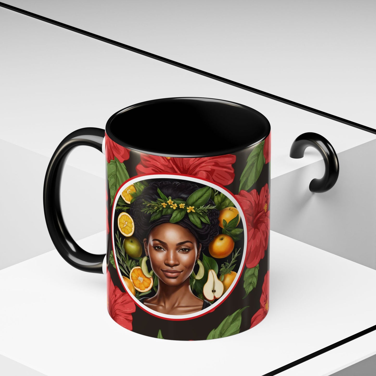Organically Me Red and White Hibiscus Plant Garden Vegan Ceramic Plant Mug with Black woman (11oz) 8 Color Combos