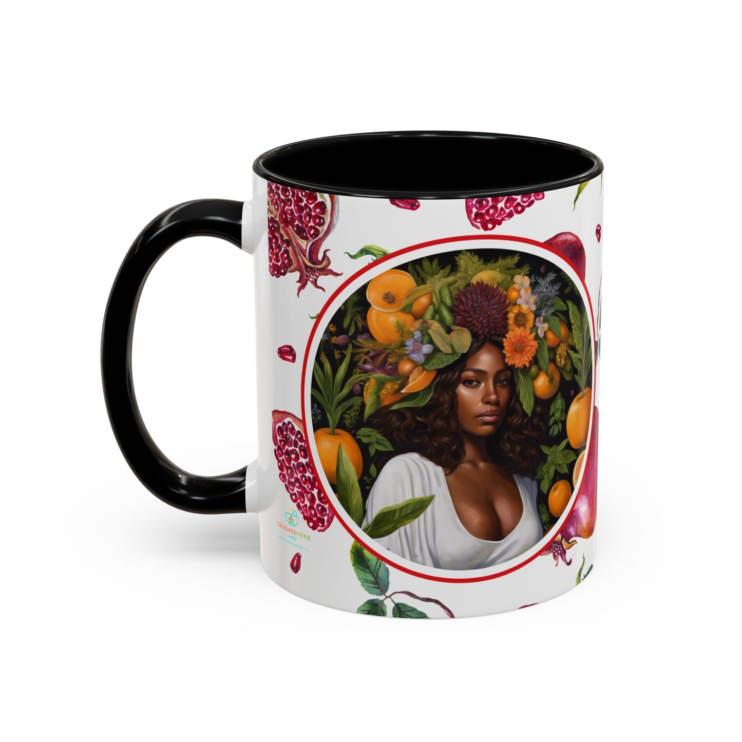 Organically Me Red and White Regina Pomegranate Plant Garden Vegan Ceramic Plant Mug with Black woman (11oz) 8 Color Combos