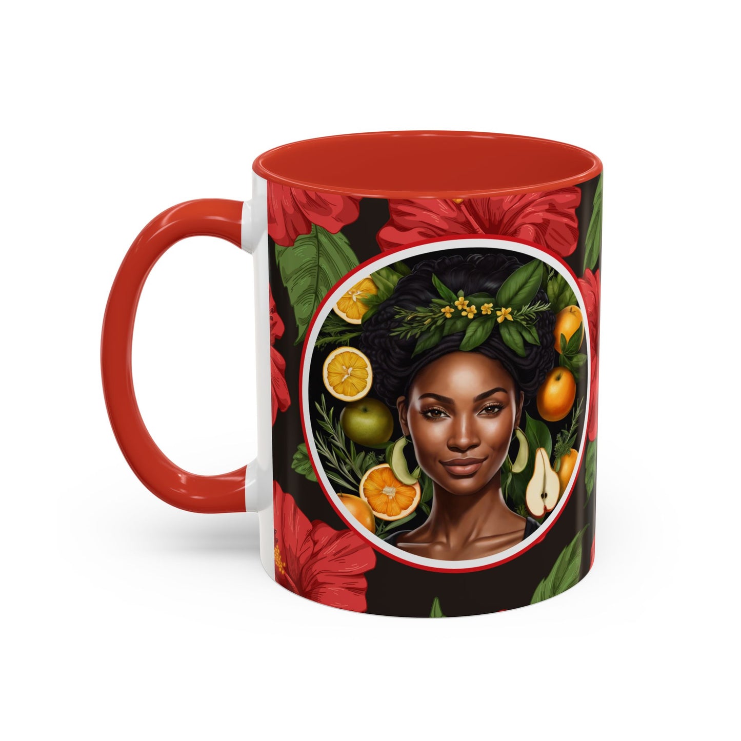 Organically Me Red and White Hibiscus Plant Garden Vegan Ceramic Plant Mug with Black woman (11oz) 8 Color Combos