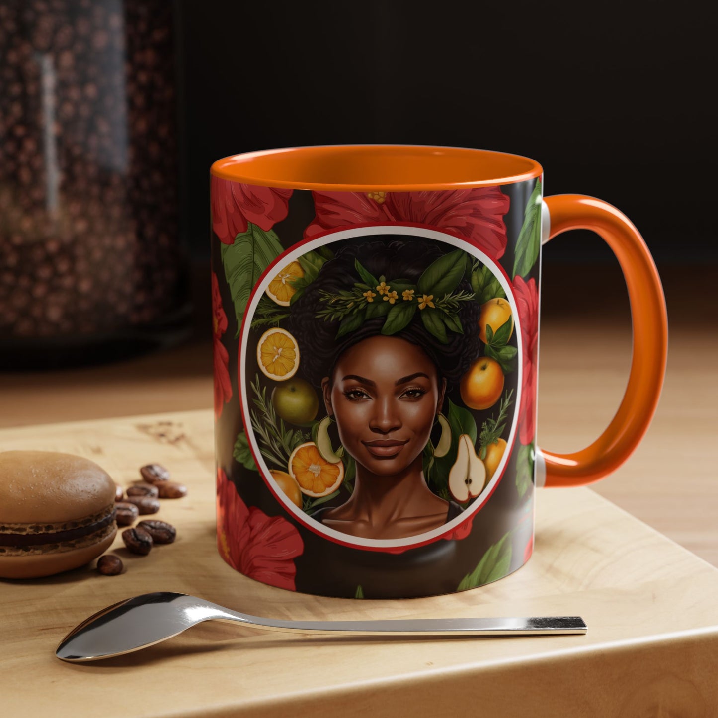 Organically Me Red and White Hibiscus Plant Garden Vegan Ceramic Plant Mug with Black woman (11oz) 8 Color Combos