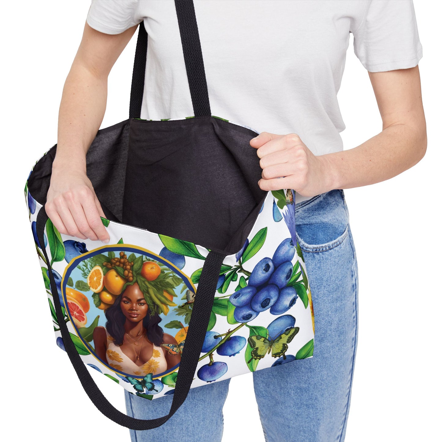Organically Me Blue & Yellow Plant Garden-themed Weekender Tote Bag, workout bag, yoga bag with Black Women