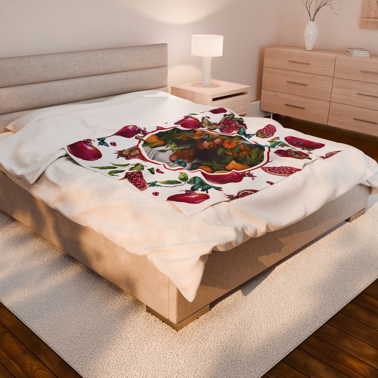 Organically Me Red and White Pomegranate Plant Garden Blanket, Wall Hanging, Tablecloth (Velveteen) with Black Woman; 50 x 60in