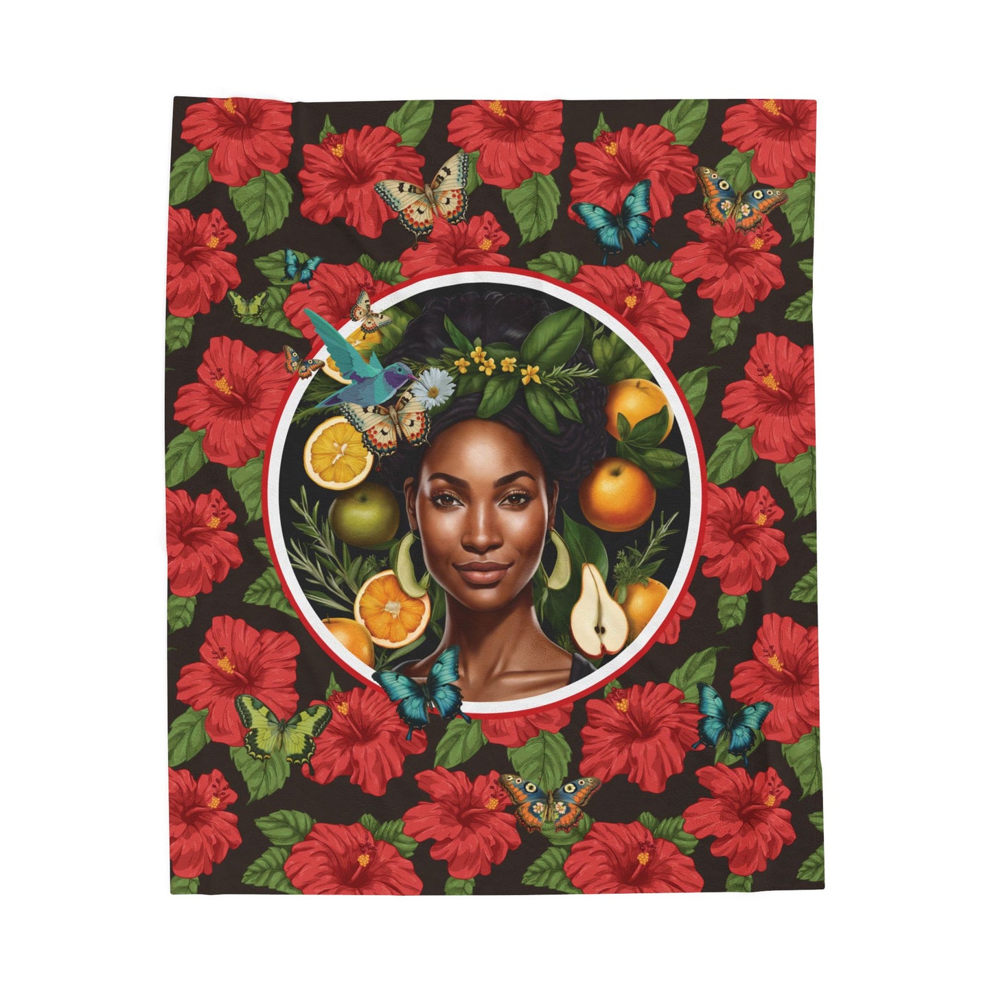 Organically Me Red and White Plant Garden Blanket, Wall Hanging, Tablecloth (Velveteen) with Black Woman; 50 x 60in