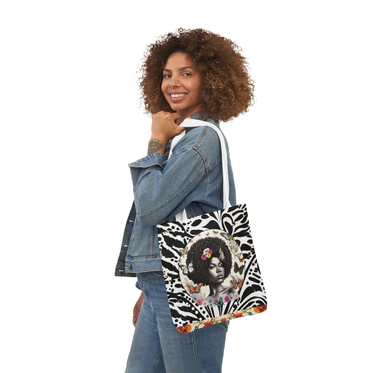 Afro Butterfly Queen In Black & White Garden-themed 13" tote bag, purse, workout bag, yoga bag, personal item with Black Women