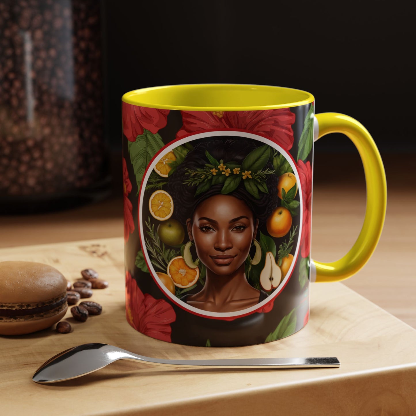 Organically Me Red and White Hibiscus Plant Garden Vegan Ceramic Plant Mug with Black woman (11oz) 8 Color Combos