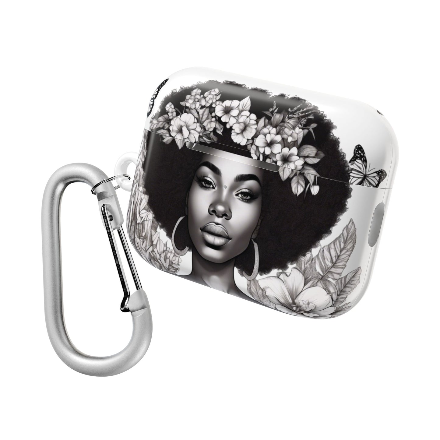 AirPods Case: Afro Queen Black & White Floral Garden Design with Butterflies, Plants & Black Woman for AirPods Pro Gen 1 & 2, AirPods Gen 1, Gen 2, Gen 3