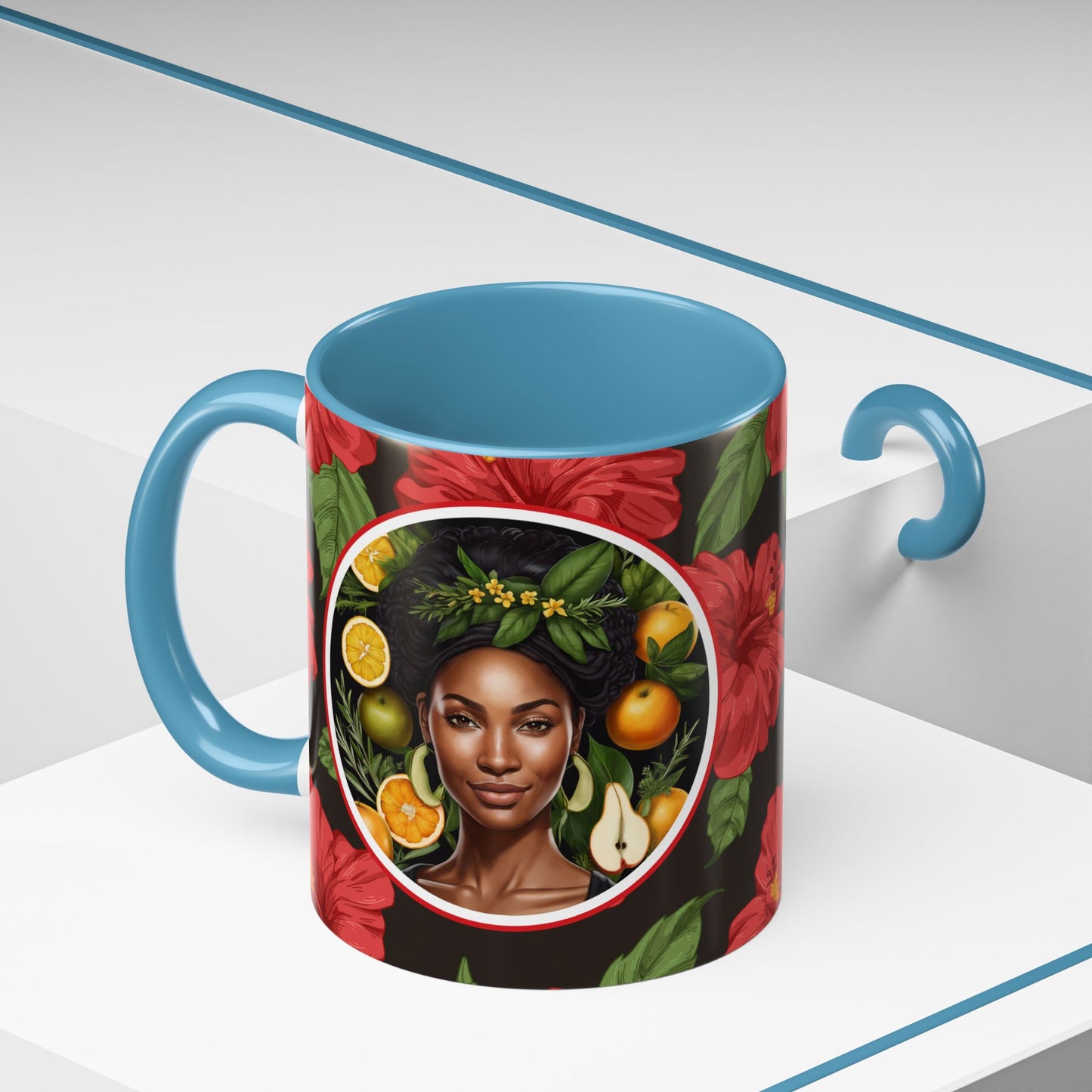 Organically Me Red and White Hibiscus Plant Garden Vegan Ceramic Plant Mug with Black woman (11oz) 8 Color Combos