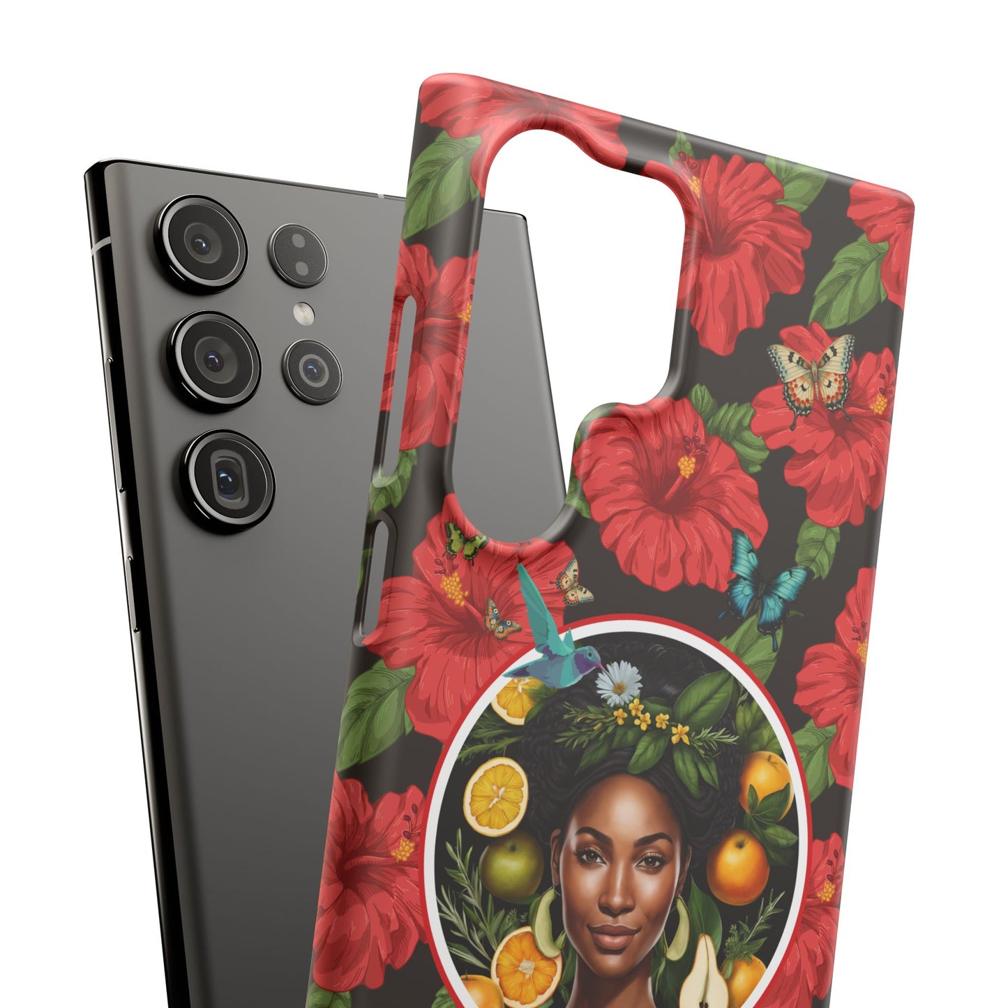 Organically Me Red and White Hibiscus Plant Garden Snap Phone Case with Black Woman, for iPhone and Android