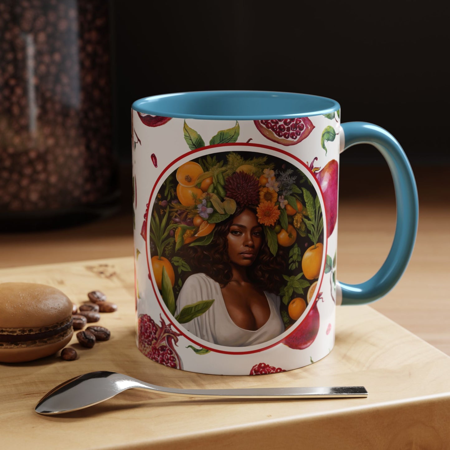 Organically Me Red and White Regina Pomegranate Plant Garden Vegan Ceramic Plant Mug with Black woman (11oz) 8 Color Combos