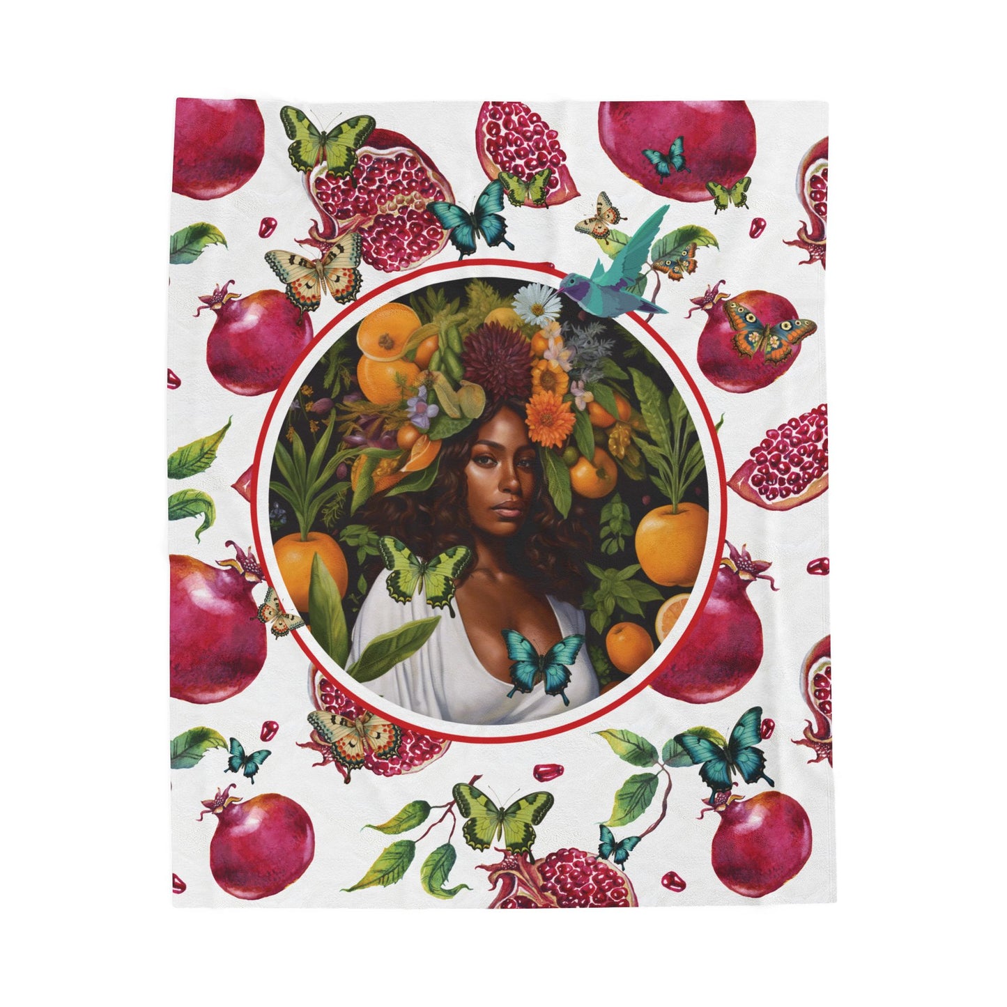 Organically Me Red and White Pomegranate Plant Garden Blanket, Wall Hanging, Tablecloth (Velveteen) with Black Woman; 50 x 60in