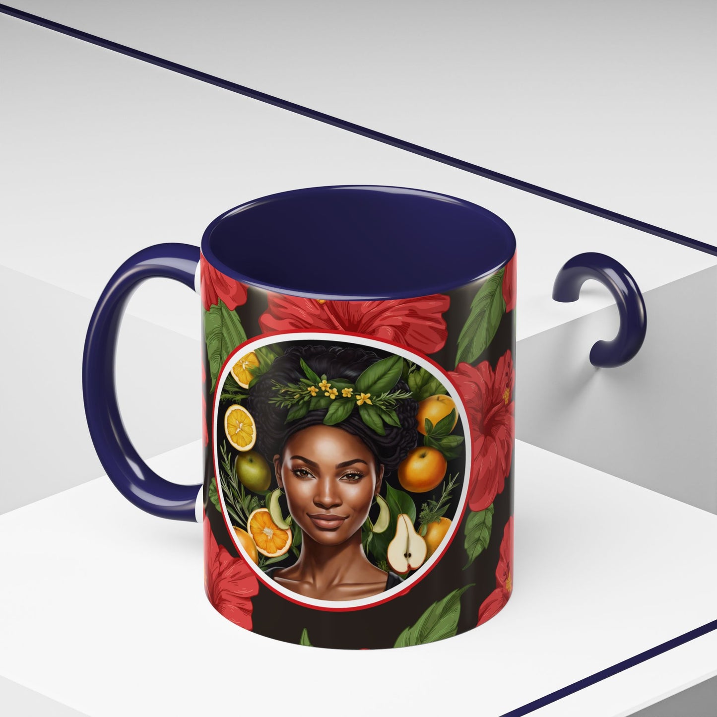 Organically Me Red and White Hibiscus Plant Garden Vegan Ceramic Plant Mug with Black woman (11oz) 8 Color Combos