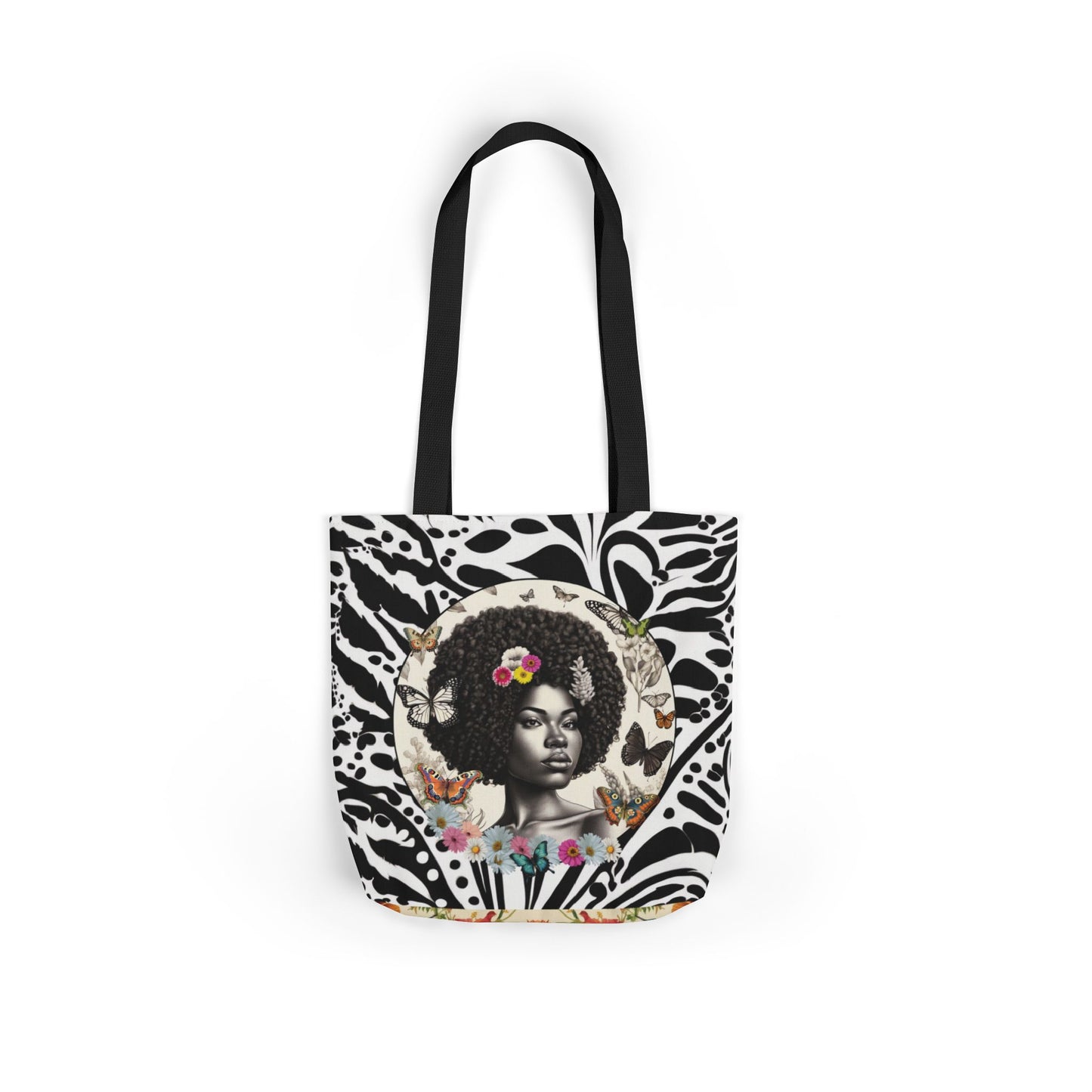 Afro Butterfly Queen In Black & White Garden-themed 13" tote bag, purse, workout bag, yoga bag, personal item with Black Women