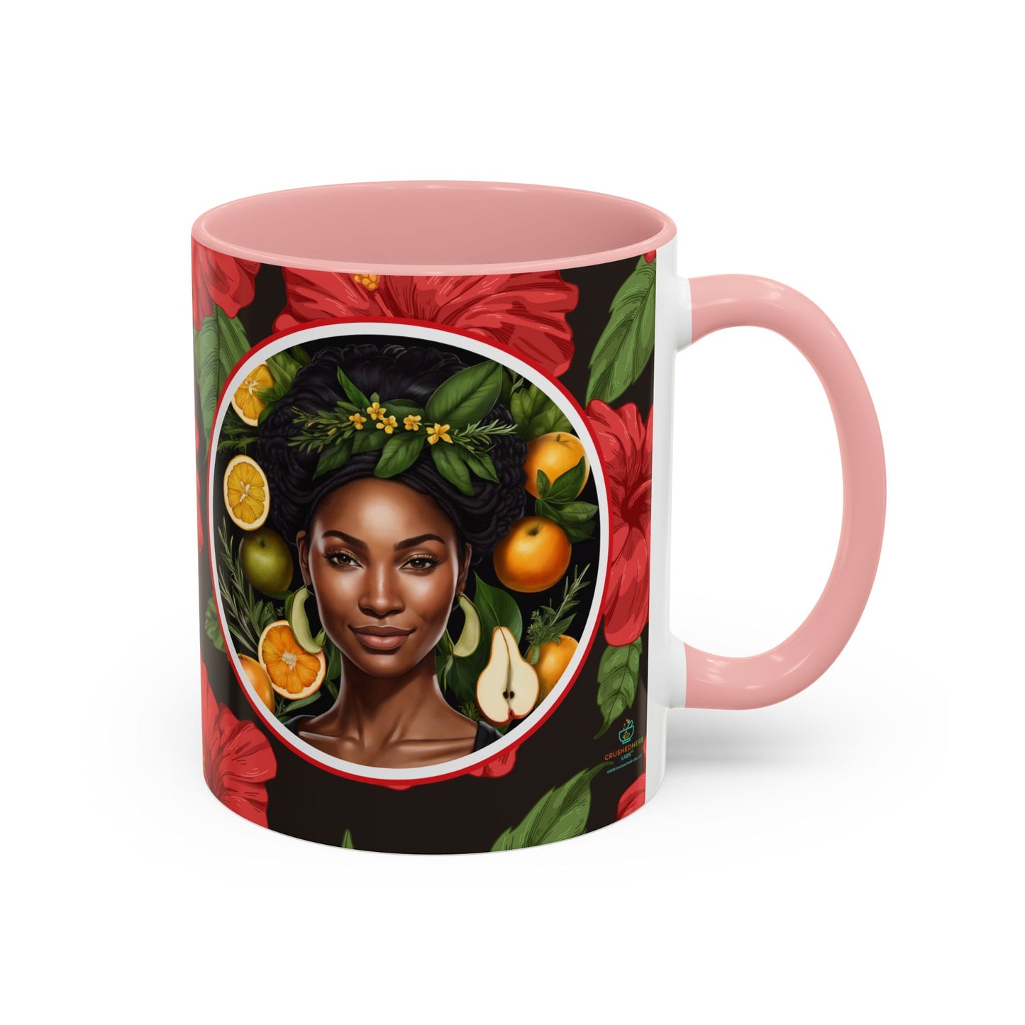 Organically Me Red and White Hibiscus Plant Garden Vegan Ceramic Plant Mug with Black woman (11oz) 8 Color Combos