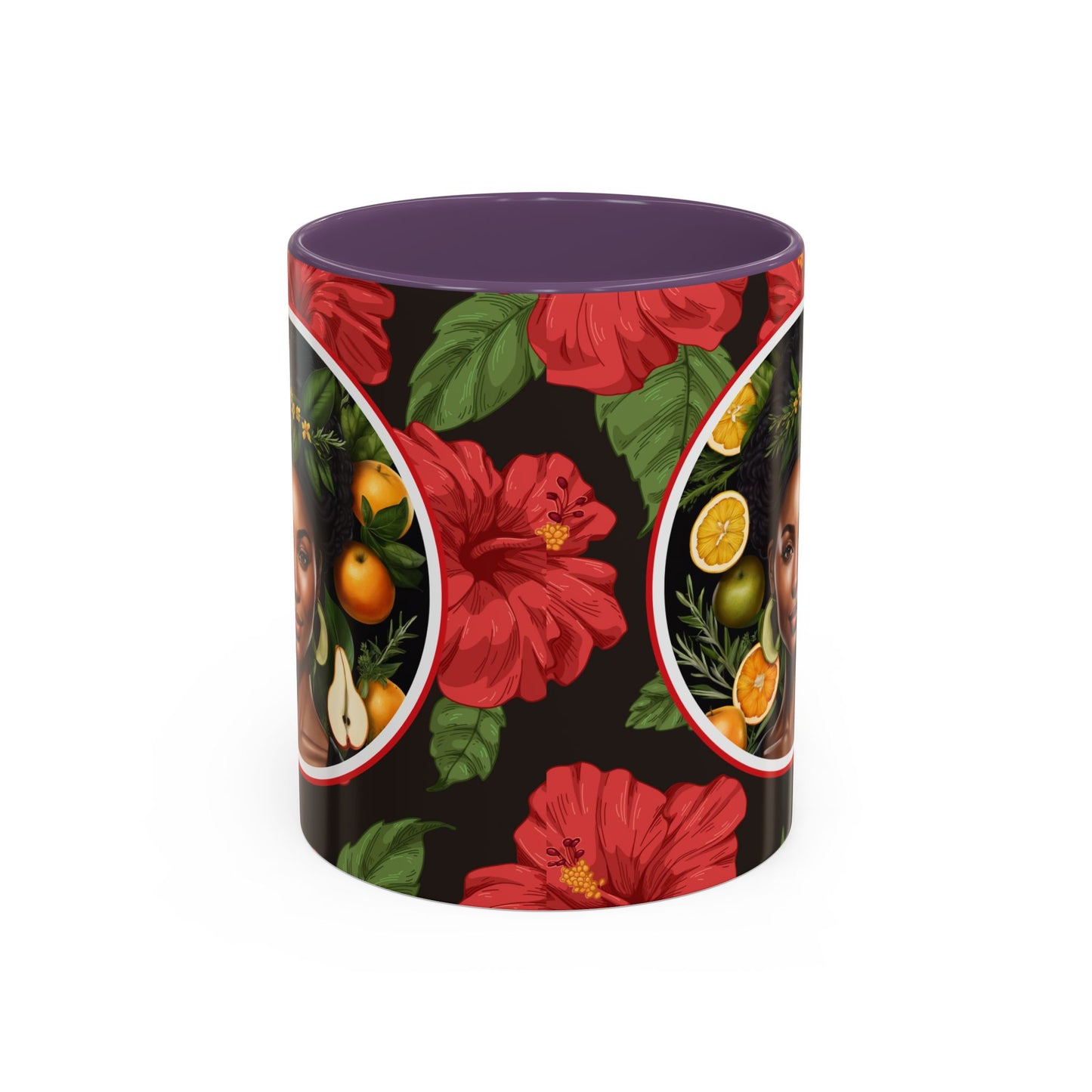 Organically Me Red and White Hibiscus Plant Garden Vegan Ceramic Plant Mug with Black woman (11oz) 8 Color Combos
