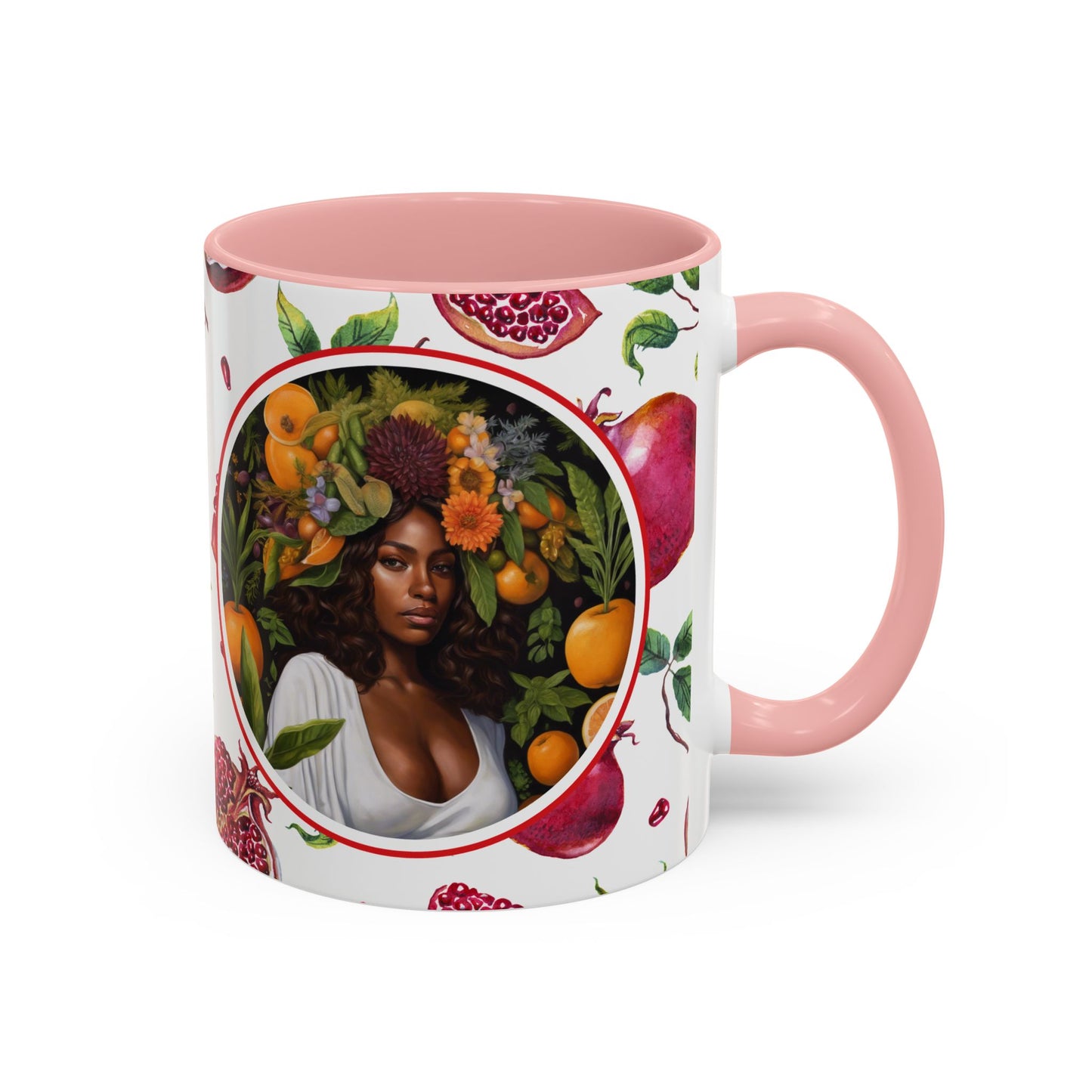 Organically Me Red and White Regina Pomegranate Plant Garden Vegan Ceramic Plant Mug with Black woman (11oz) 8 Color Combos