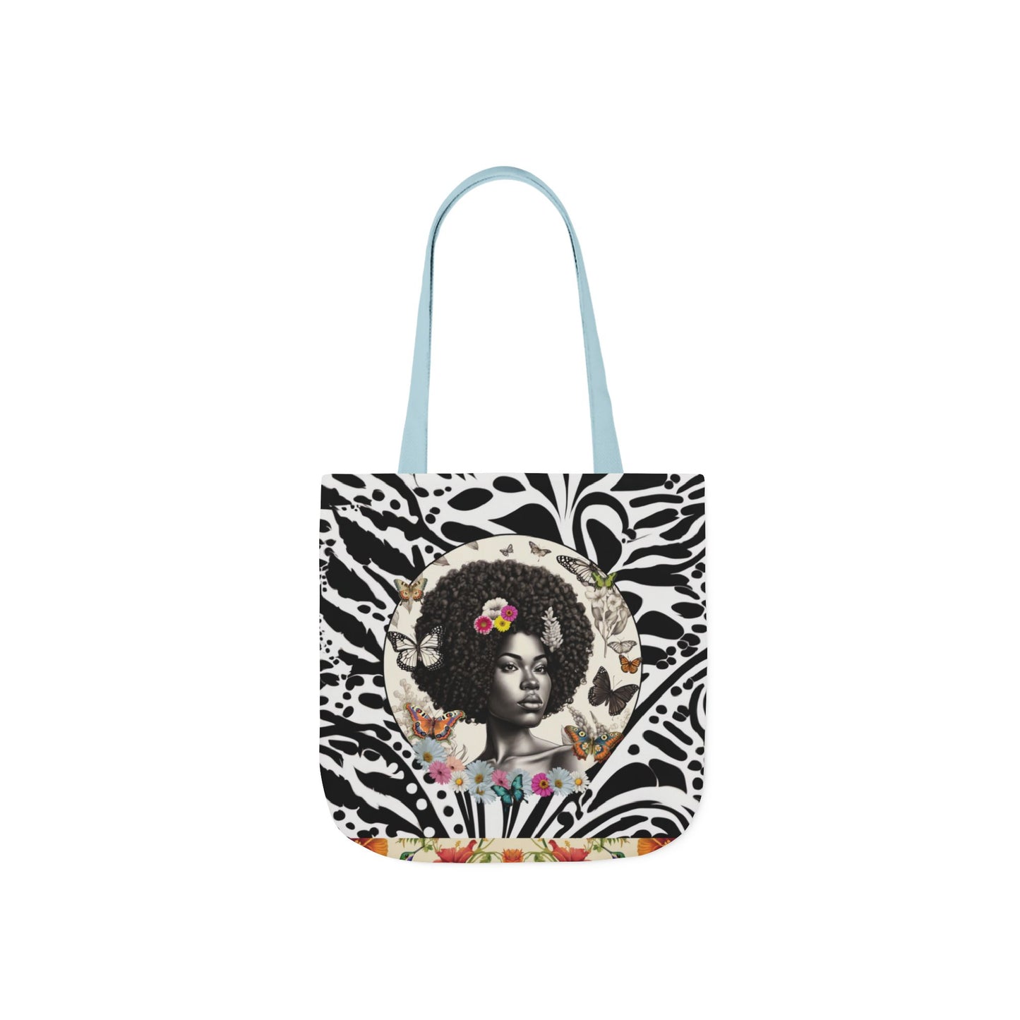 Afro Butterfly Queen In Black & White Garden-themed 13" tote bag, purse, workout bag, yoga bag, personal item with Black Women