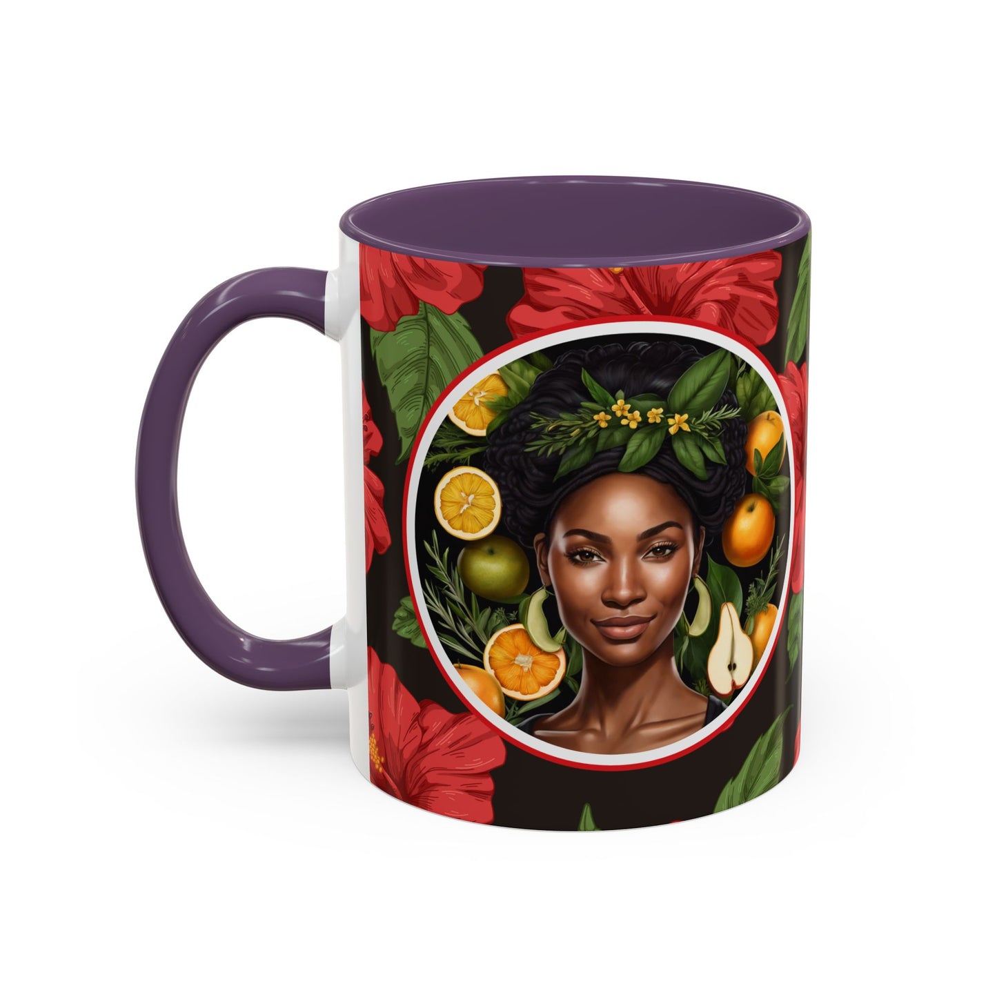 Organically Me Red and White Hibiscus Plant Garden Vegan Ceramic Plant Mug with Black woman (11oz) 8 Color Combos