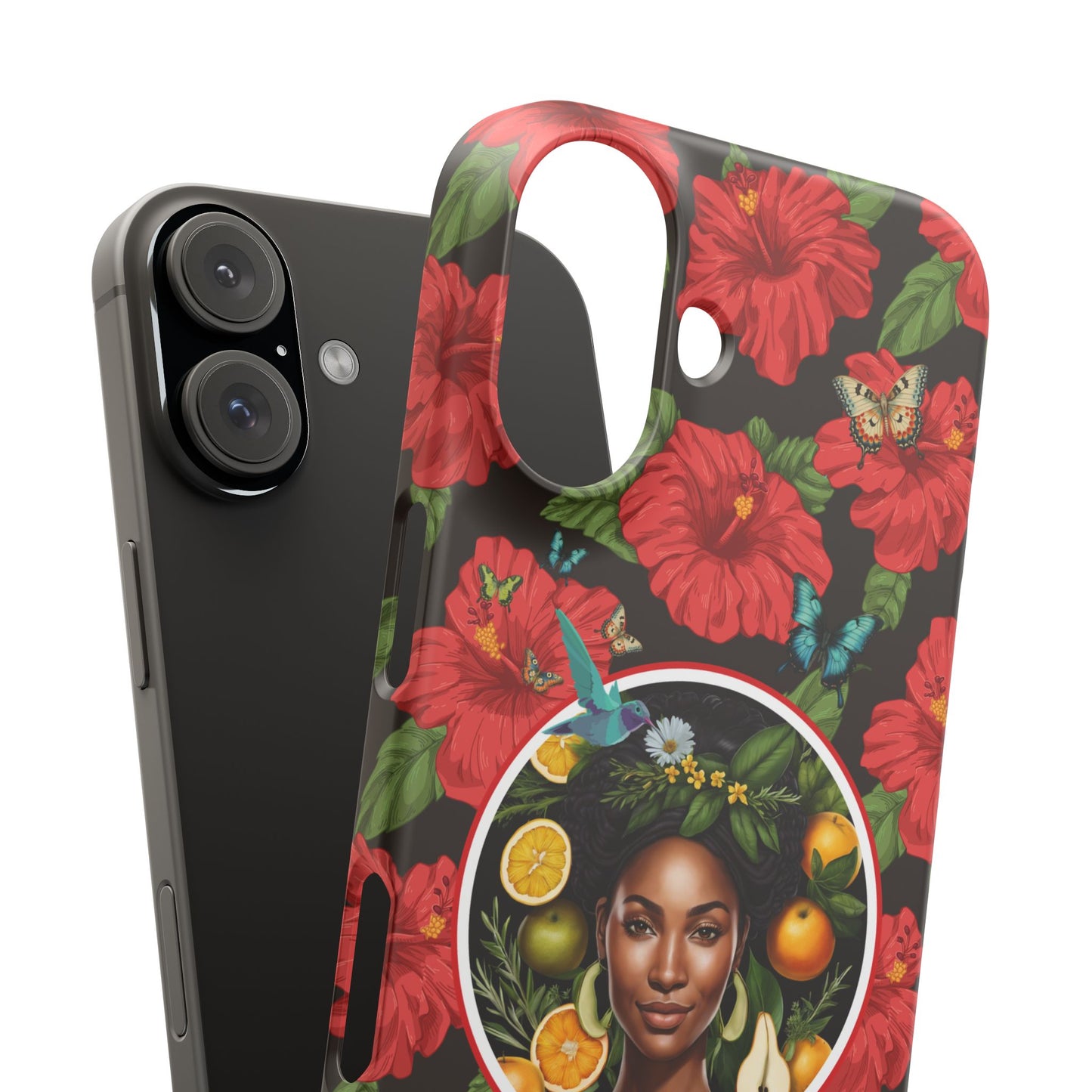 Organically Me Red and White Hibiscus Plant Garden Snap Phone Case with Black Woman, for iPhone and Android
