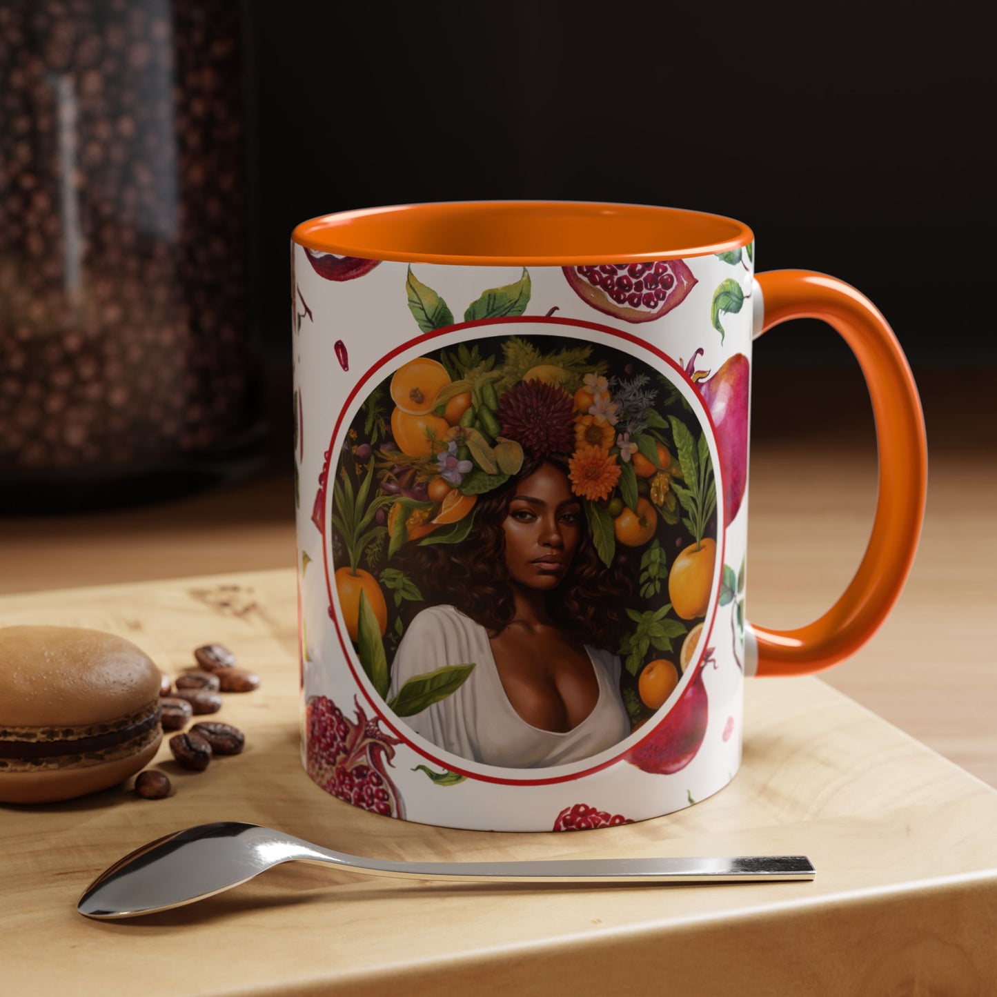 Organically Me Red and White Regina Pomegranate Plant Garden Vegan Ceramic Plant Mug with Black woman (11oz) 8 Color Combos