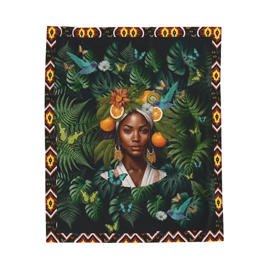 100% Organic Black Jungle Plant & Garden-themed Blanket, tablecloth, Wrap and Wall Hanging (Velveteen) with Black Woman