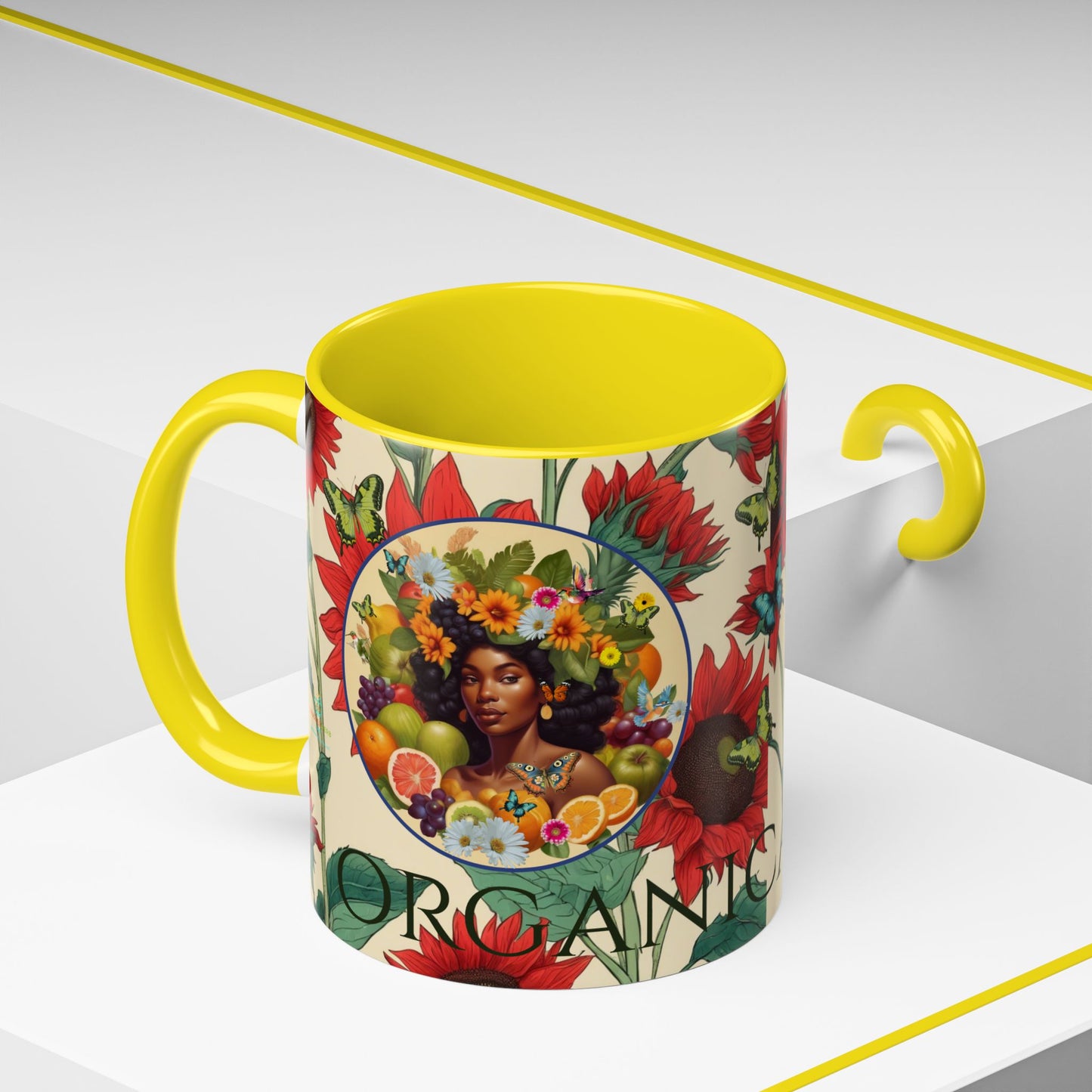 Organically Me Sunflower Red Plant Garden Vegan Ceramic Plant Mug with Black woman (11oz) 8 Color Combos