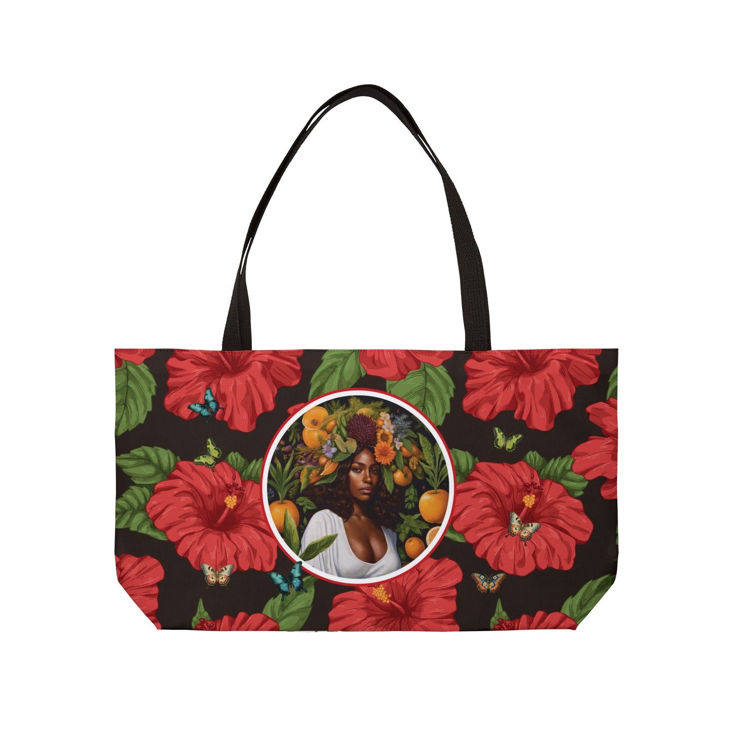 Organically Me Red & White Hibiscus Plant Garden-themed Weekender Tote Bag, workout bag, yoga bag with Black Women