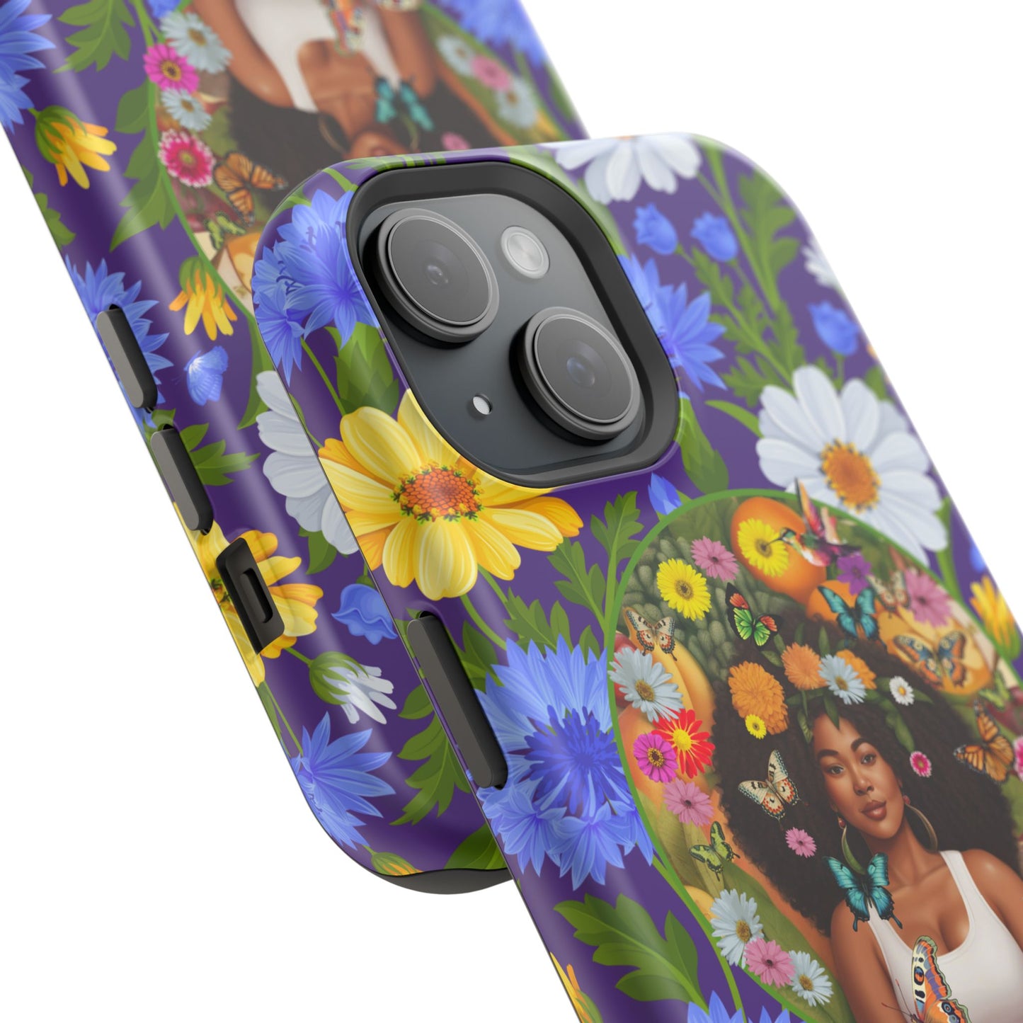 100% Organic Purple Plant Garden: Tough iPhone 15 Case with Eco Floral and Black Woman