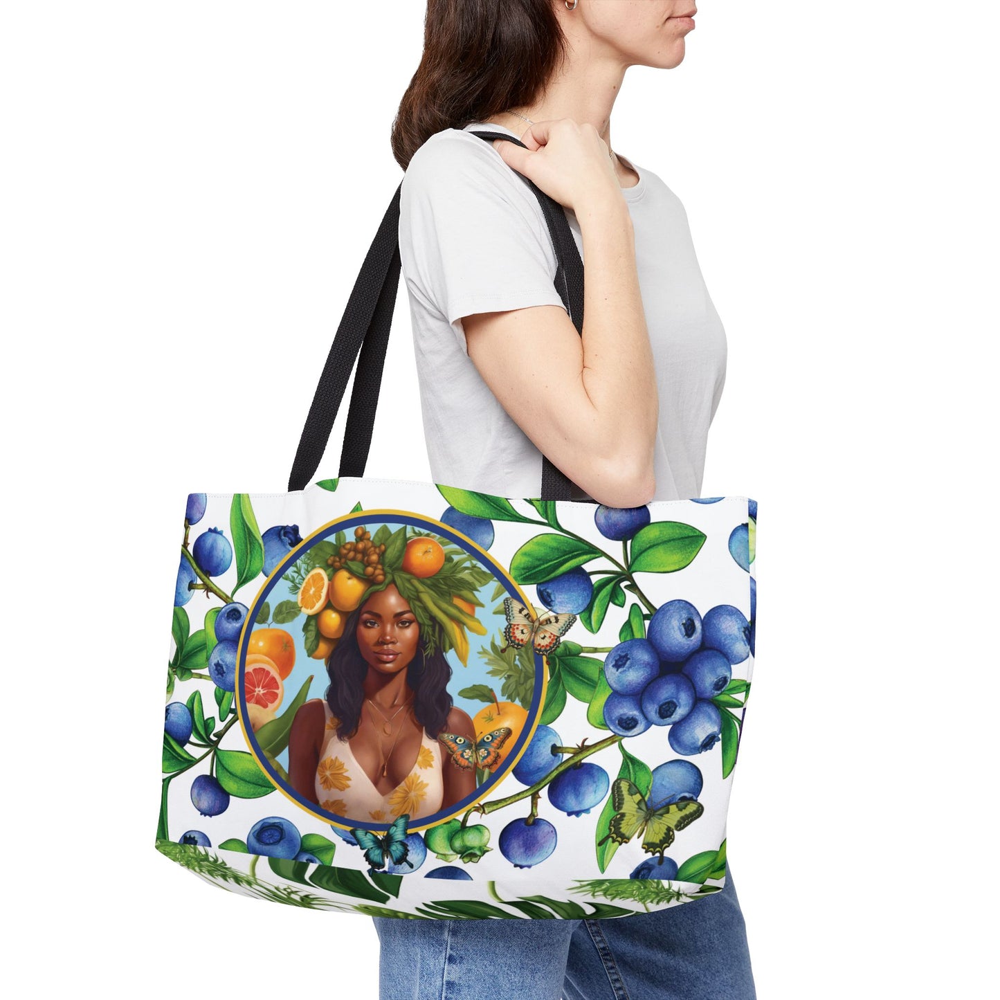 Organically Me Blue & Yellow Plant Garden-themed Weekender Tote Bag, workout bag, yoga bag with Black Women