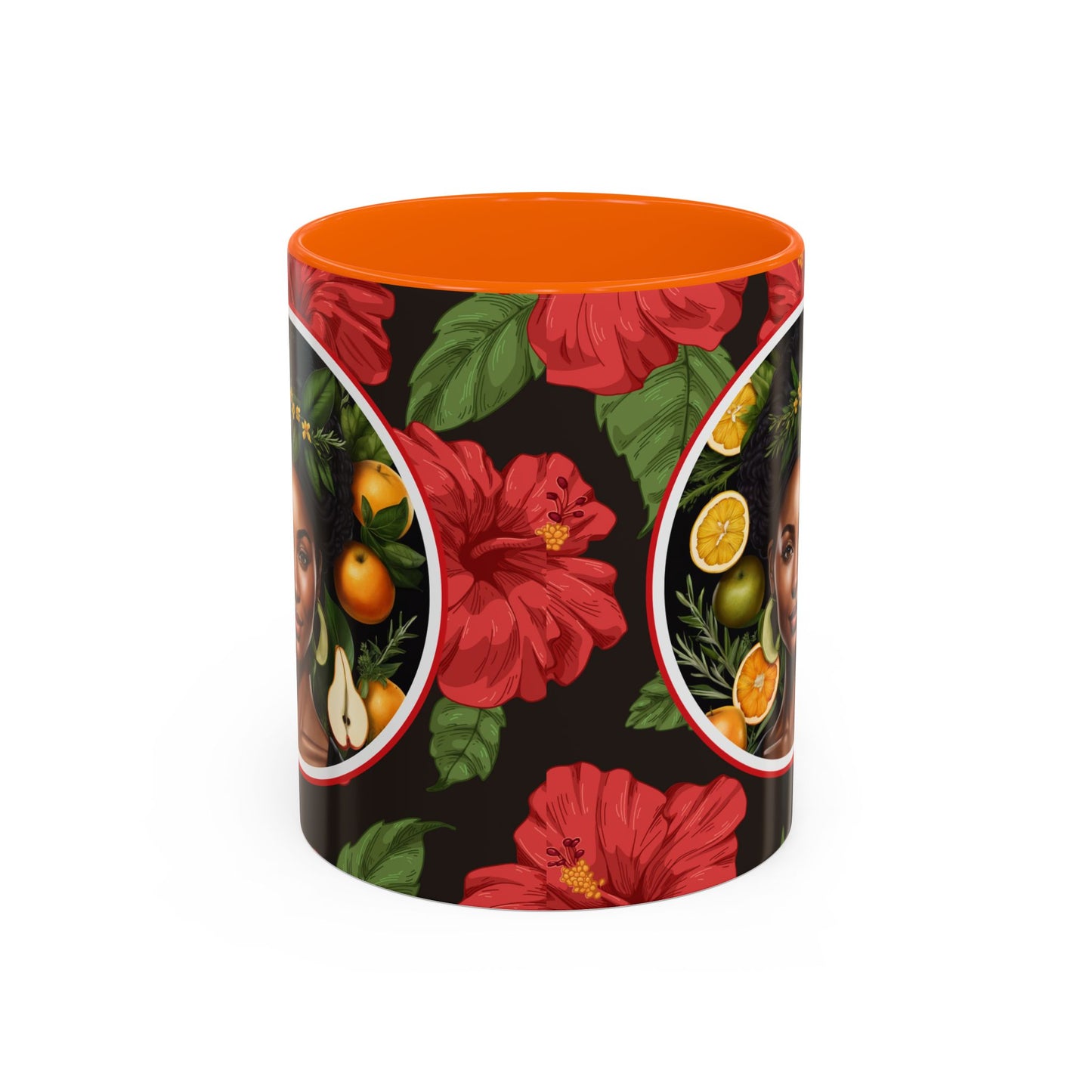 Organically Me Red and White Hibiscus Plant Garden Vegan Ceramic Plant Mug with Black woman (11oz) 8 Color Combos