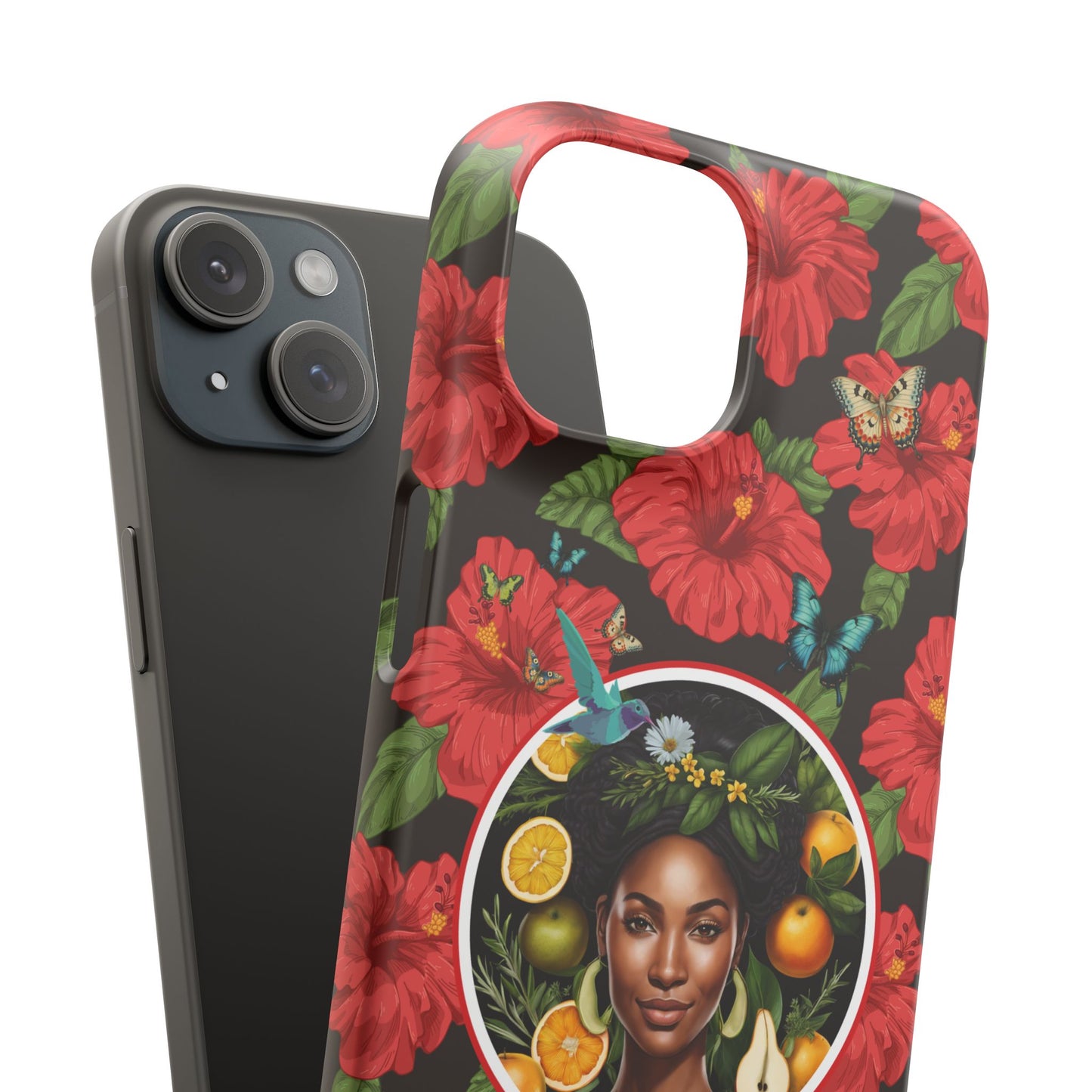 Organically Me Red and White Hibiscus Plant Garden Snap Phone Case with Black Woman, for iPhone and Android