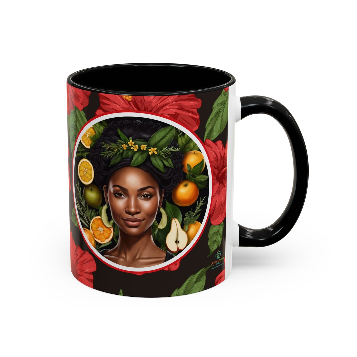 Organically Me Red and White Hibiscus Plant Garden Vegan Ceramic Plant Mug with Black woman (11oz) 8 Color Combos