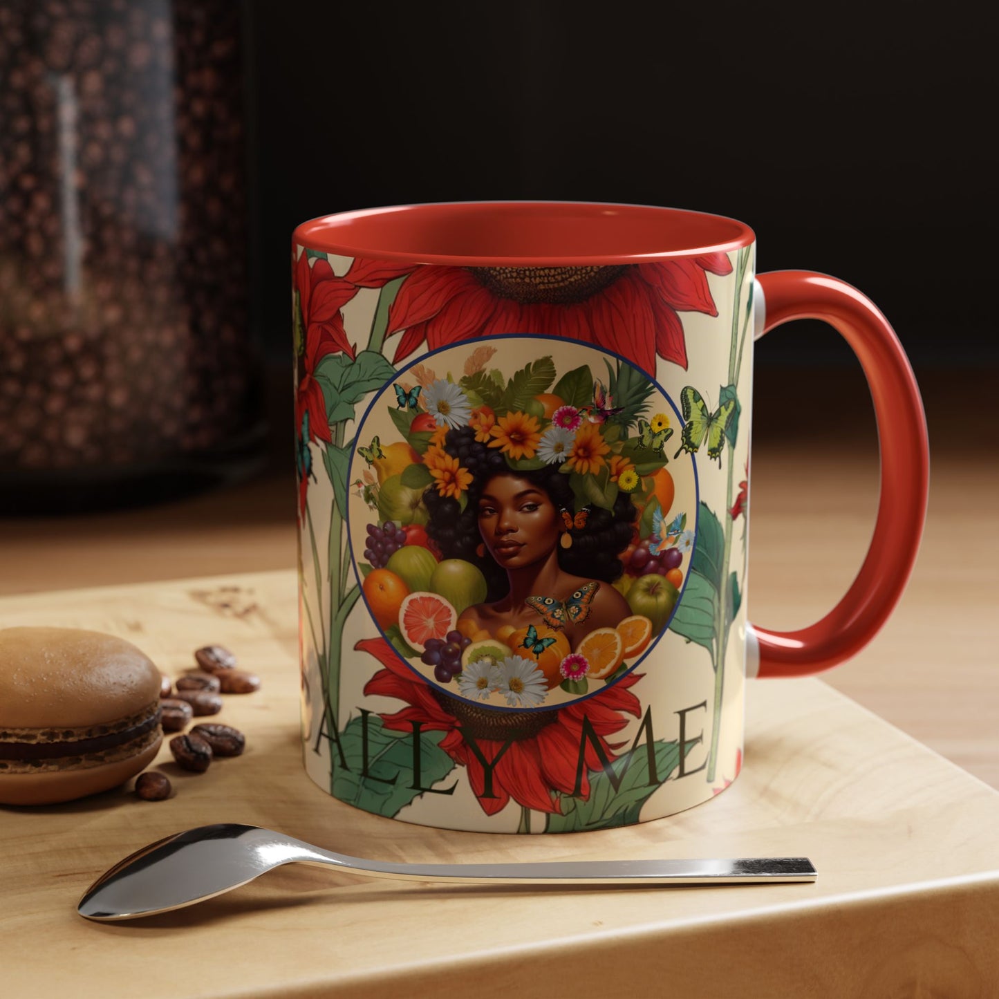 Organically Me Sunflower Red Plant Garden Vegan Ceramic Plant Mug with Black woman (11oz) 8 Color Combos