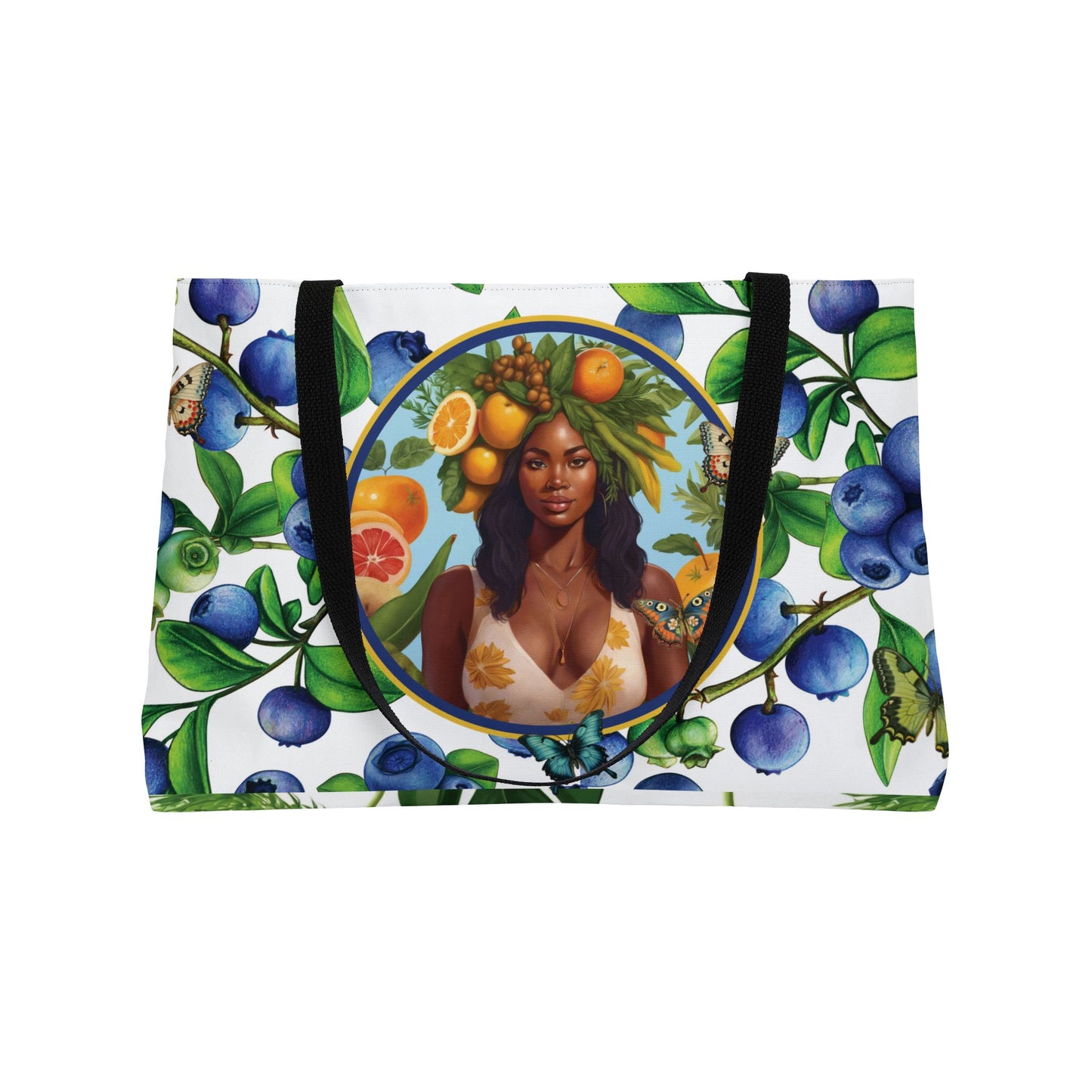 Organically Me Blue & Yellow Plant Garden-themed Weekender Tote Bag, workout bag, yoga bag with Black Women