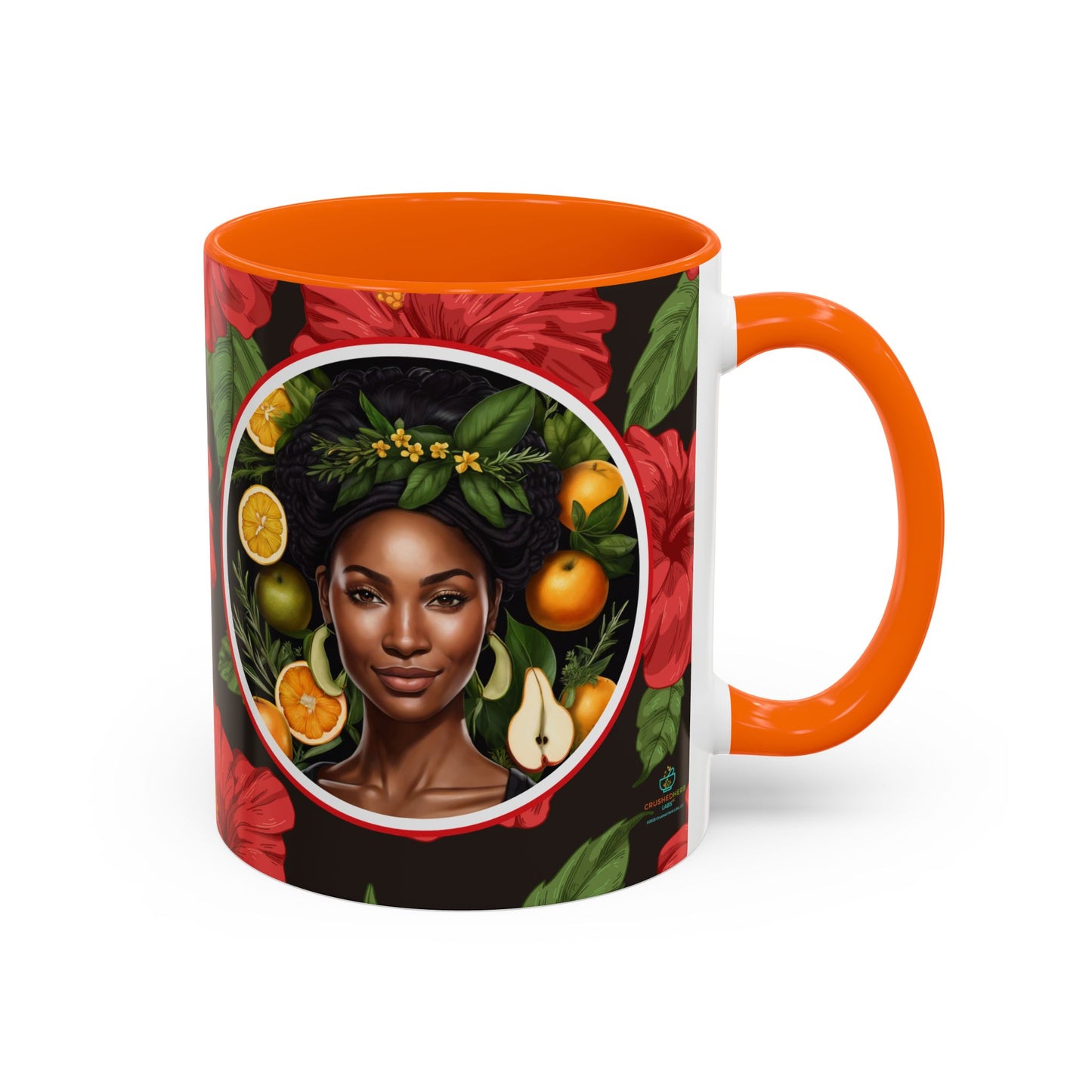 Organically Me Red and White Hibiscus Plant Garden Vegan Ceramic Plant Mug with Black woman (11oz) 8 Color Combos