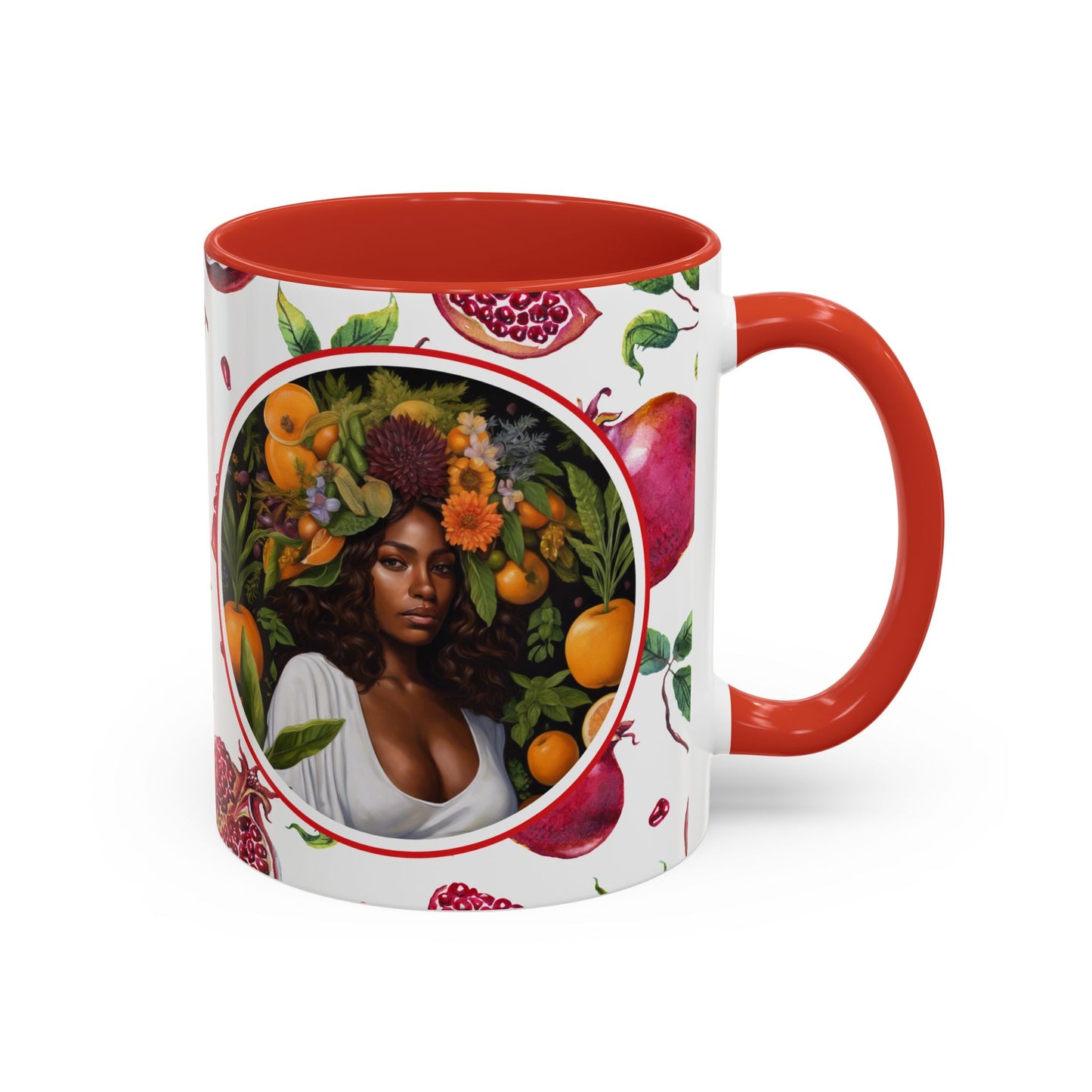Organically Me Red and White Regina Pomegranate Plant Garden Vegan Ceramic Plant Mug with Black woman (11oz) 8 Color Combos