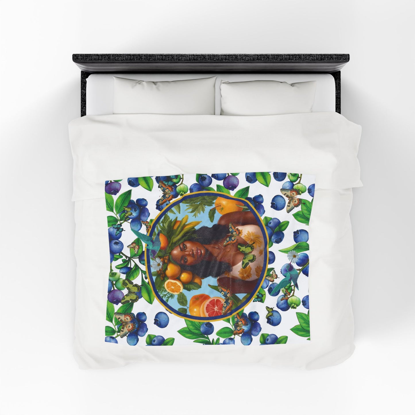 Organically Me Blueberry Plant B Garden Blanket, Wall Hanging, Tablecloth (Velveteen) with Black Woman; 50 x 60in