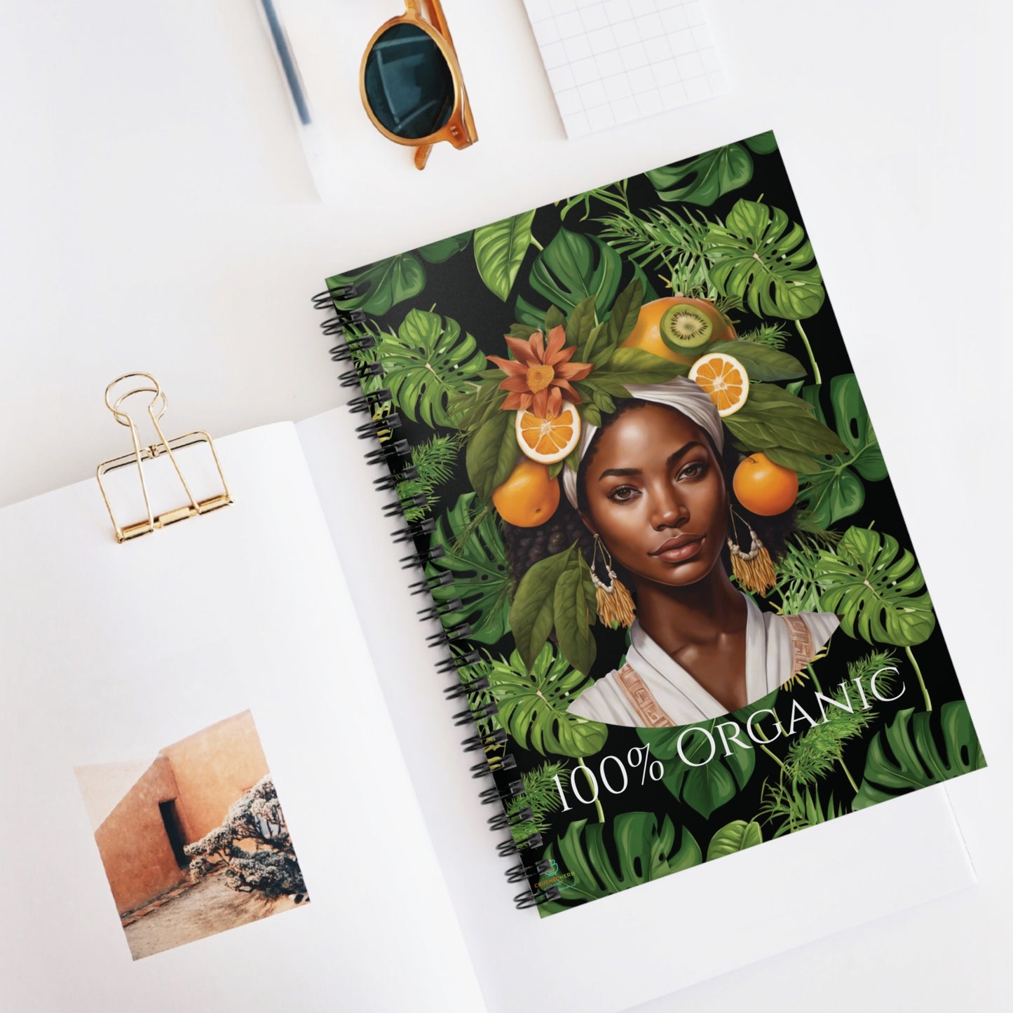 100% Organic Black Jungle Plant Garden & Vegan Hardcover Spiral Journal, Matte 150 pages, Black woman Design