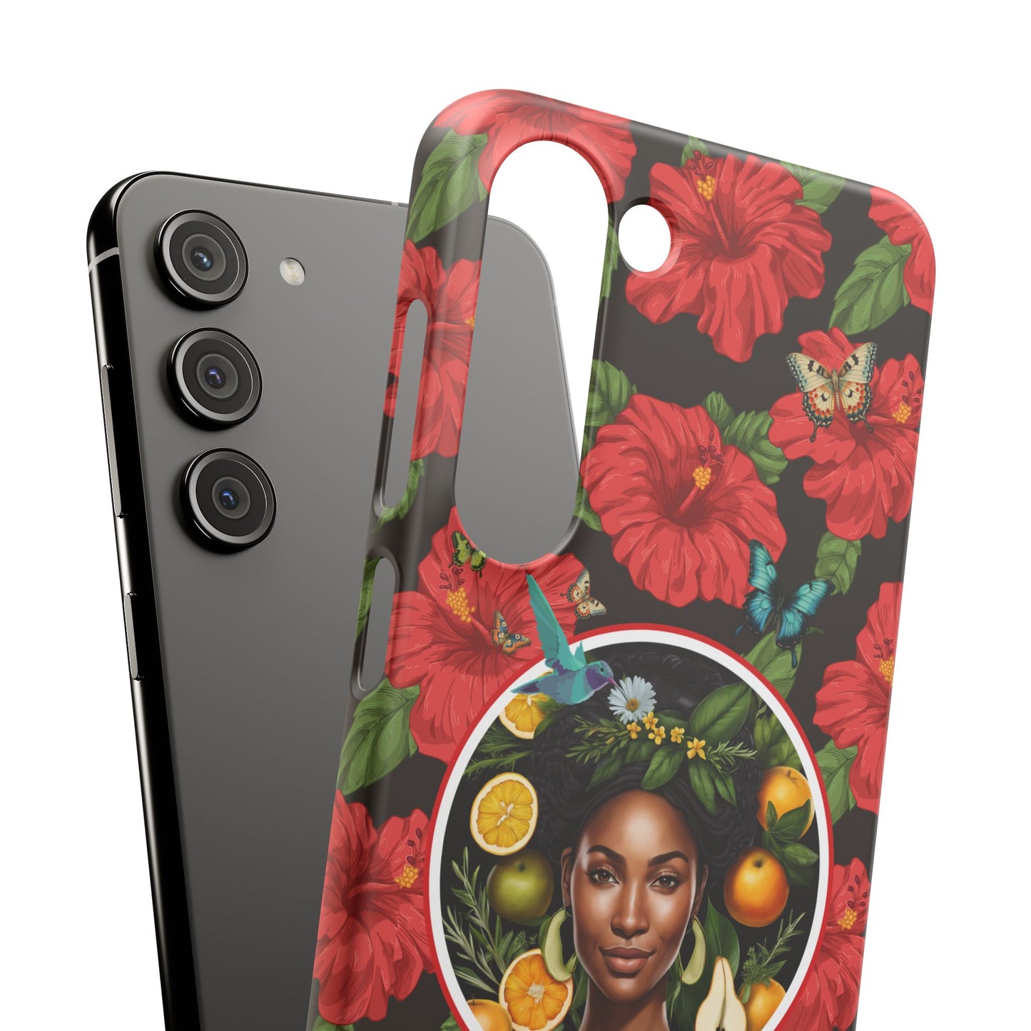 Organically Me Red and White Hibiscus Plant Garden Snap Phone Case with Black Woman, for iPhone and Android