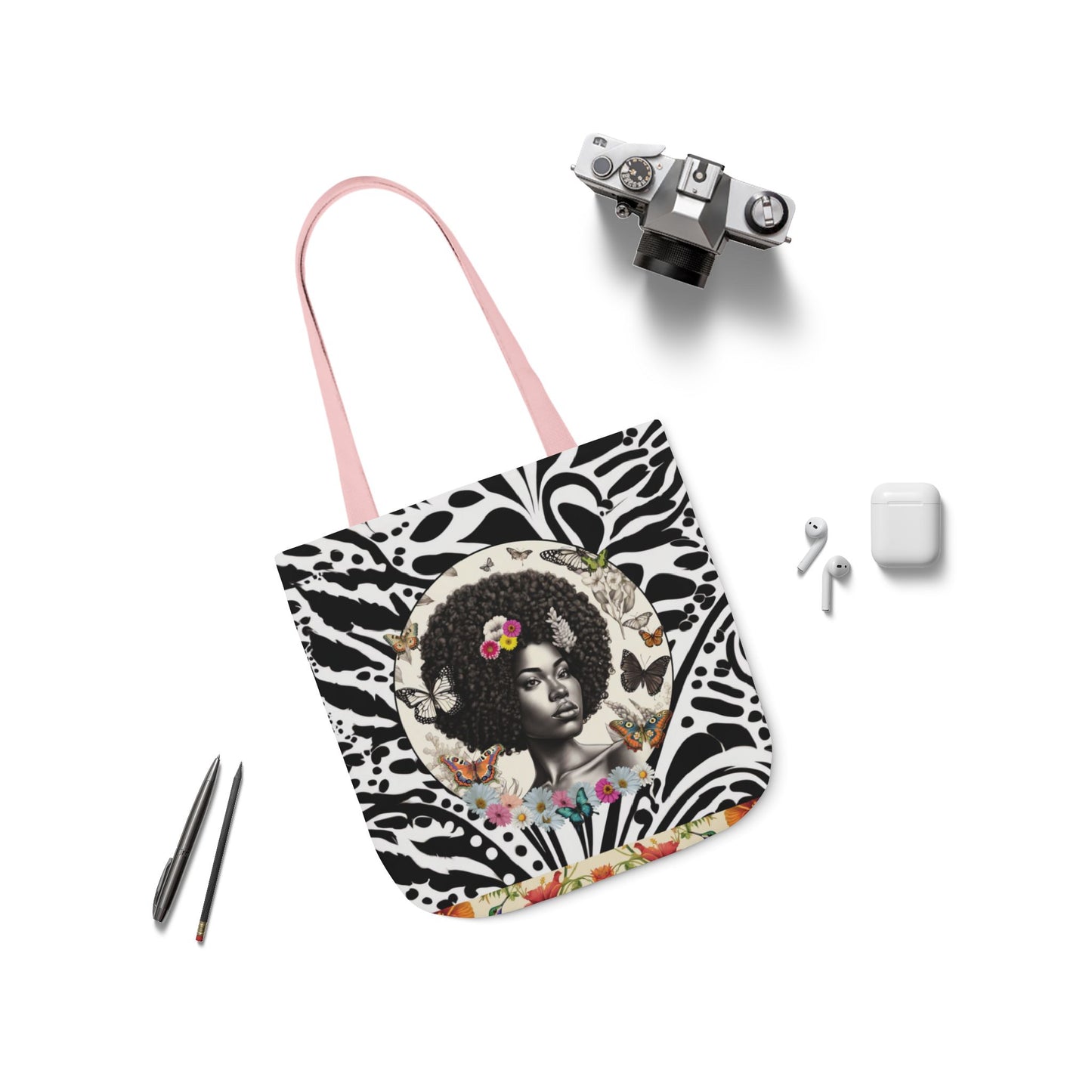 Afro Butterfly Queen In Black & White Garden-themed 13" tote bag, purse, workout bag, yoga bag, personal item with Black Women