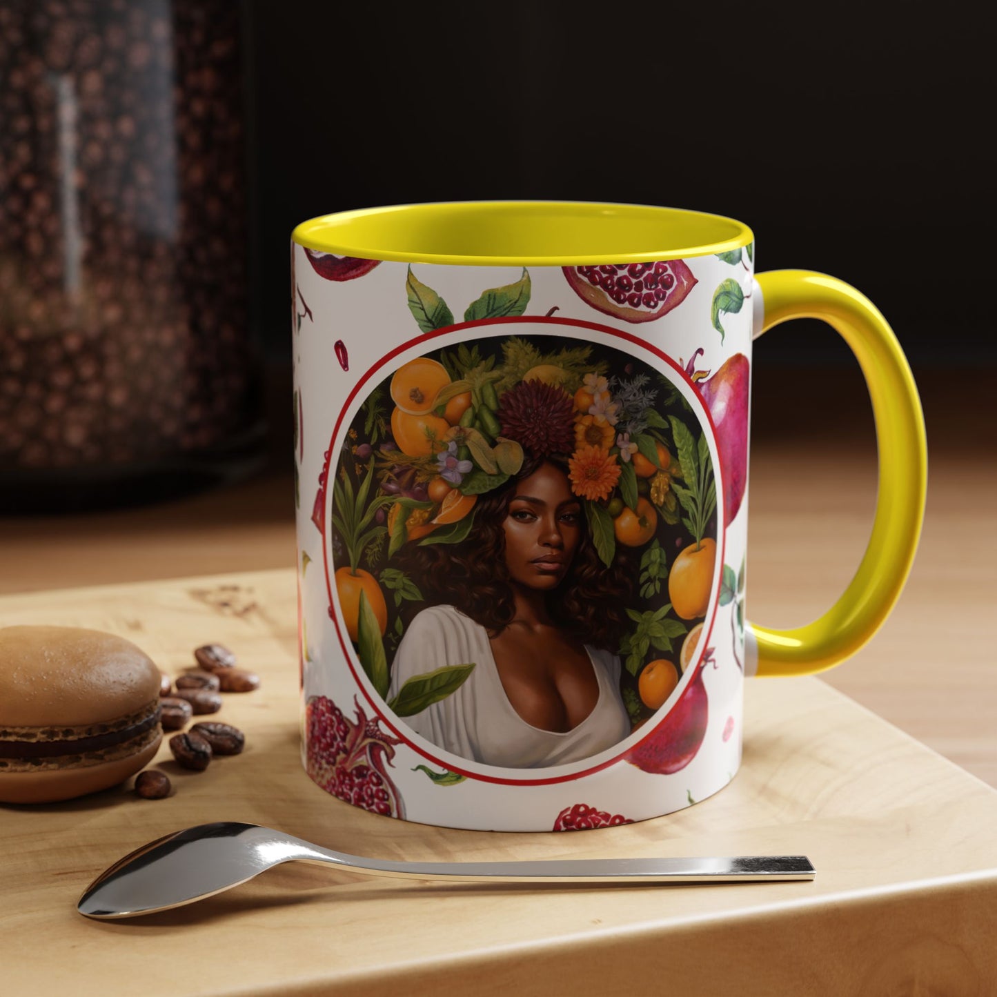 Organically Me Red and White Regina Pomegranate Plant Garden Vegan Ceramic Plant Mug with Black woman (11oz) 8 Color Combos