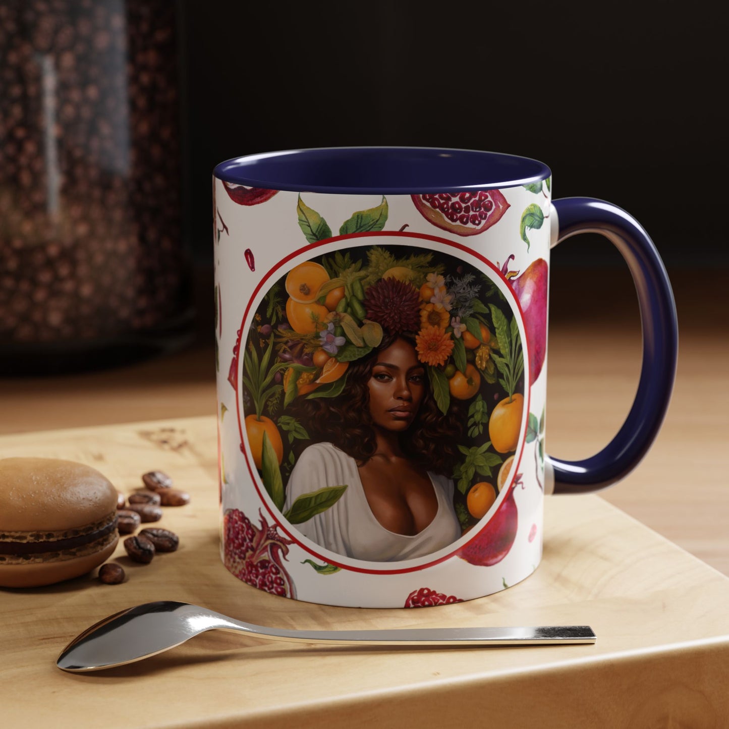 Organically Me Red and White Regina Pomegranate Plant Garden Vegan Ceramic Plant Mug with Black woman (11oz) 8 Color Combos